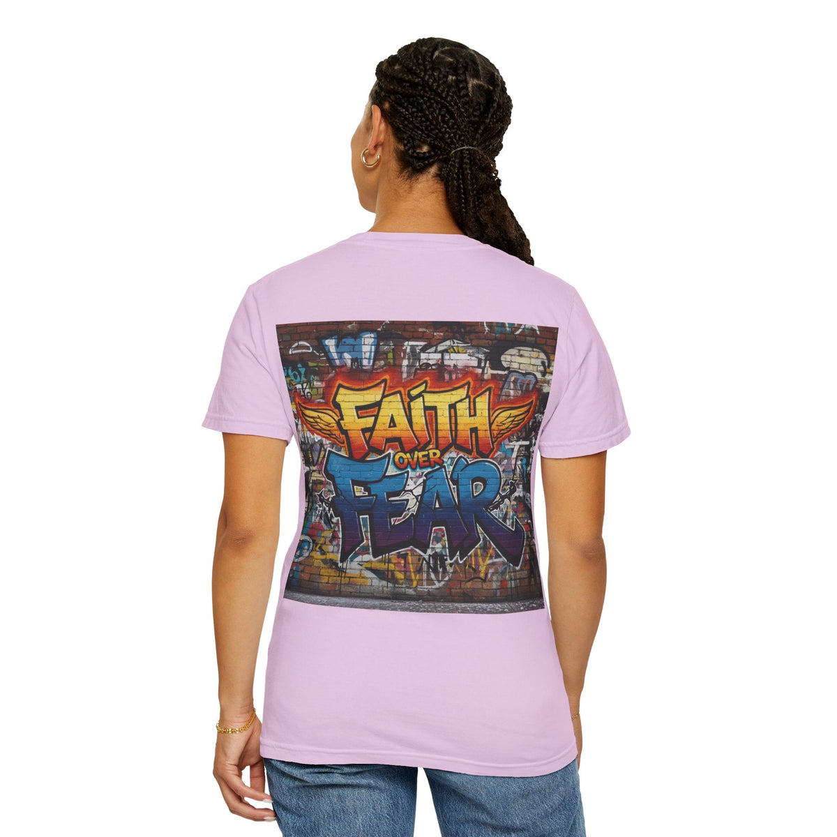 Faith Over Fear T-shirt – Graffiti Wall Christian T-shirt for Bold 2 Corinthians 5:7 Streetwear & Unshakable Faith Printify