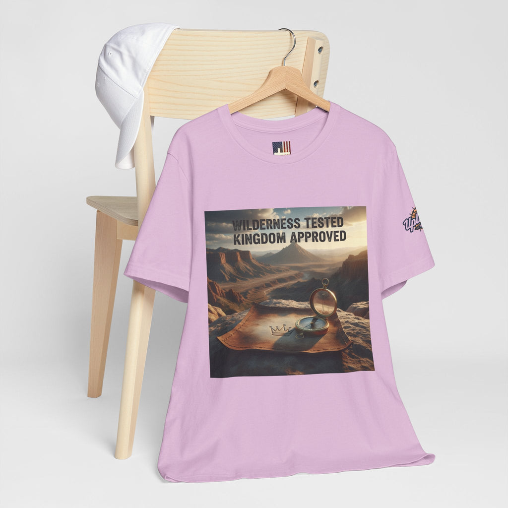 Wilderness Tested Kingdom Approved T-shirt – Mountain Desert Compass Crown Christian T-shirt for Biblical Adventure Faith Printify