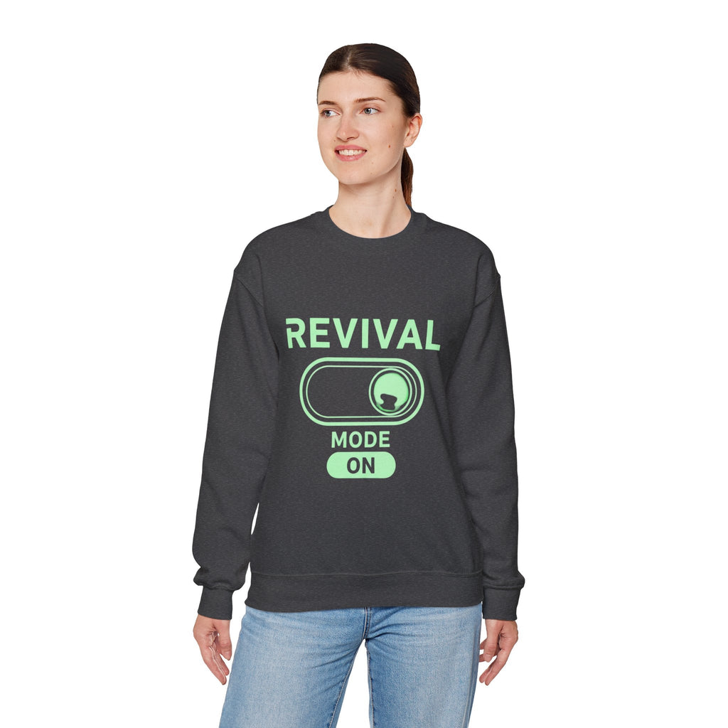 🔥 Revival Mode: ON – Christian Techwear Sweatshirt | Glowing Green Faith Switch | Futuristic Jesus Shirt | Activate Your Spiritual Awakening | Uplifted Gear Printify
