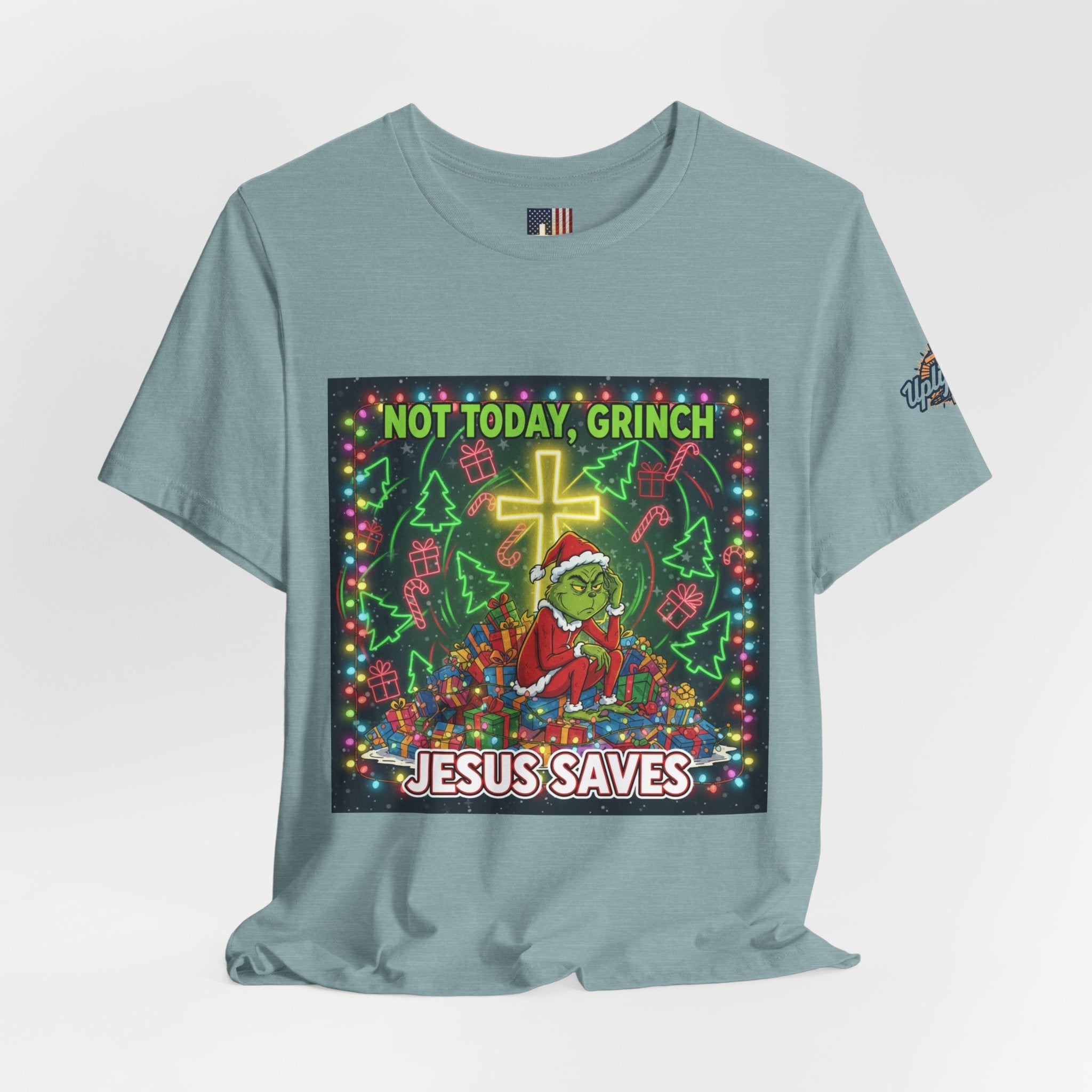 🎄 Not Today, Grinch – Jesus Saves | Funny Christian Christmas T-Shirt | Festive Green & Red Cartoon Style | Bold Faith Holiday Tee by Uplifted Gear Printify