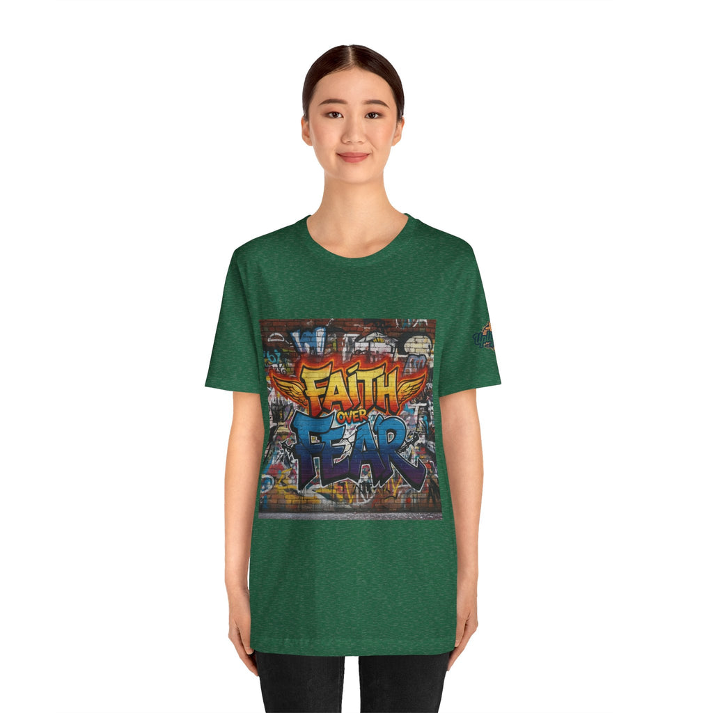 Faith Over Fear T-shirt – Graffiti Wall Christian T-shirt for Bold 2 Corinthians 5:7 Streetwear & Unshakable Faith Printify