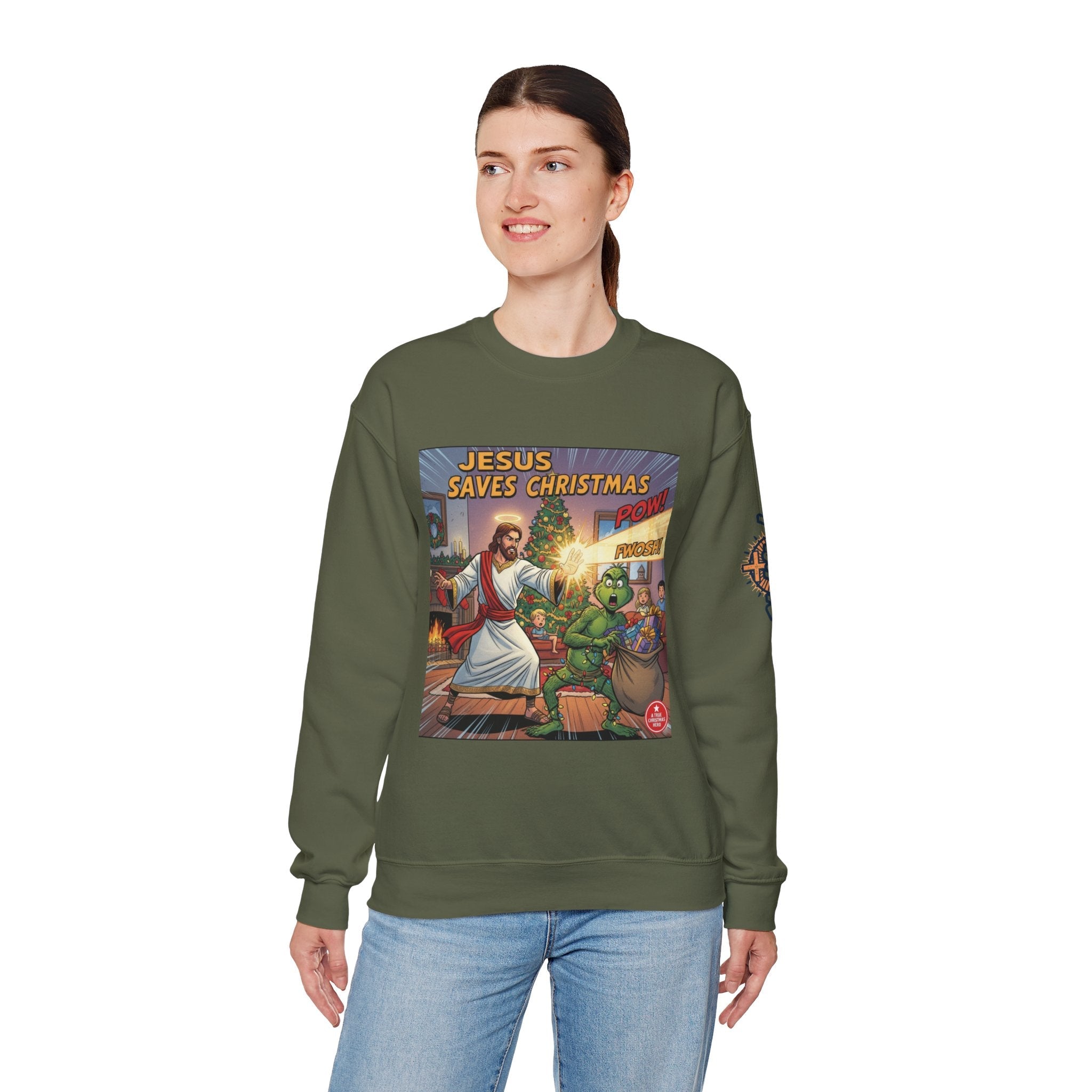 Jesus Saves Christmas Sweatshirt – Grinch vs Savior Light Battle Christian Sweatshirt for Hilarious Holiday Faith & True Joy Printify