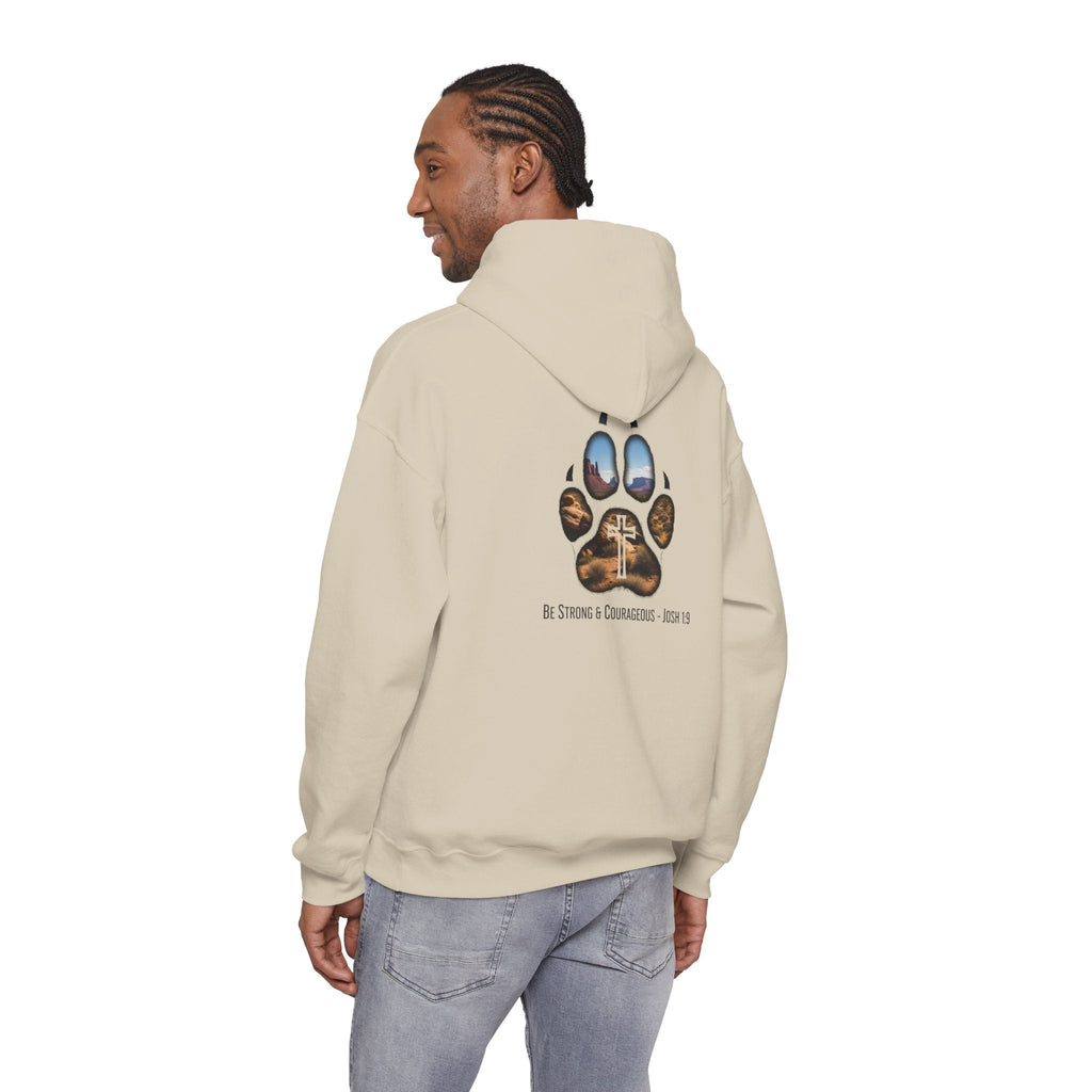 Strong and Courageous Hoodie – Joshua 1:9 Canine Pawprint Desert Christian Hoodie for Dog Lovers Printify