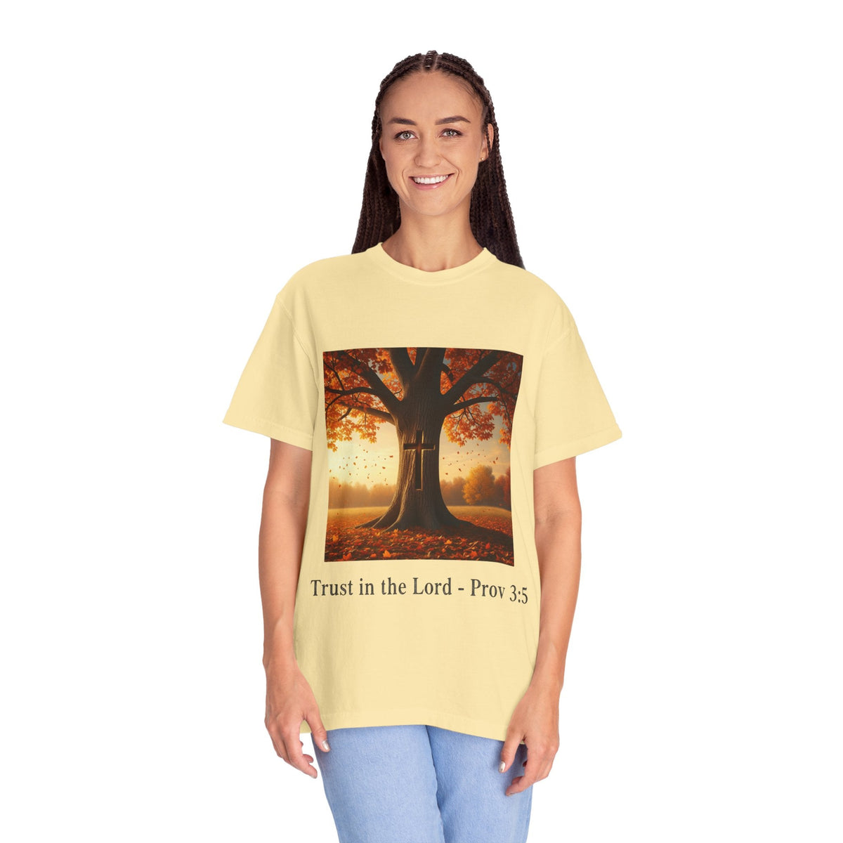 Trust in the Lord T-Shirt – Autumn Tree Christian Tee with Proverbs 3:5 Printify