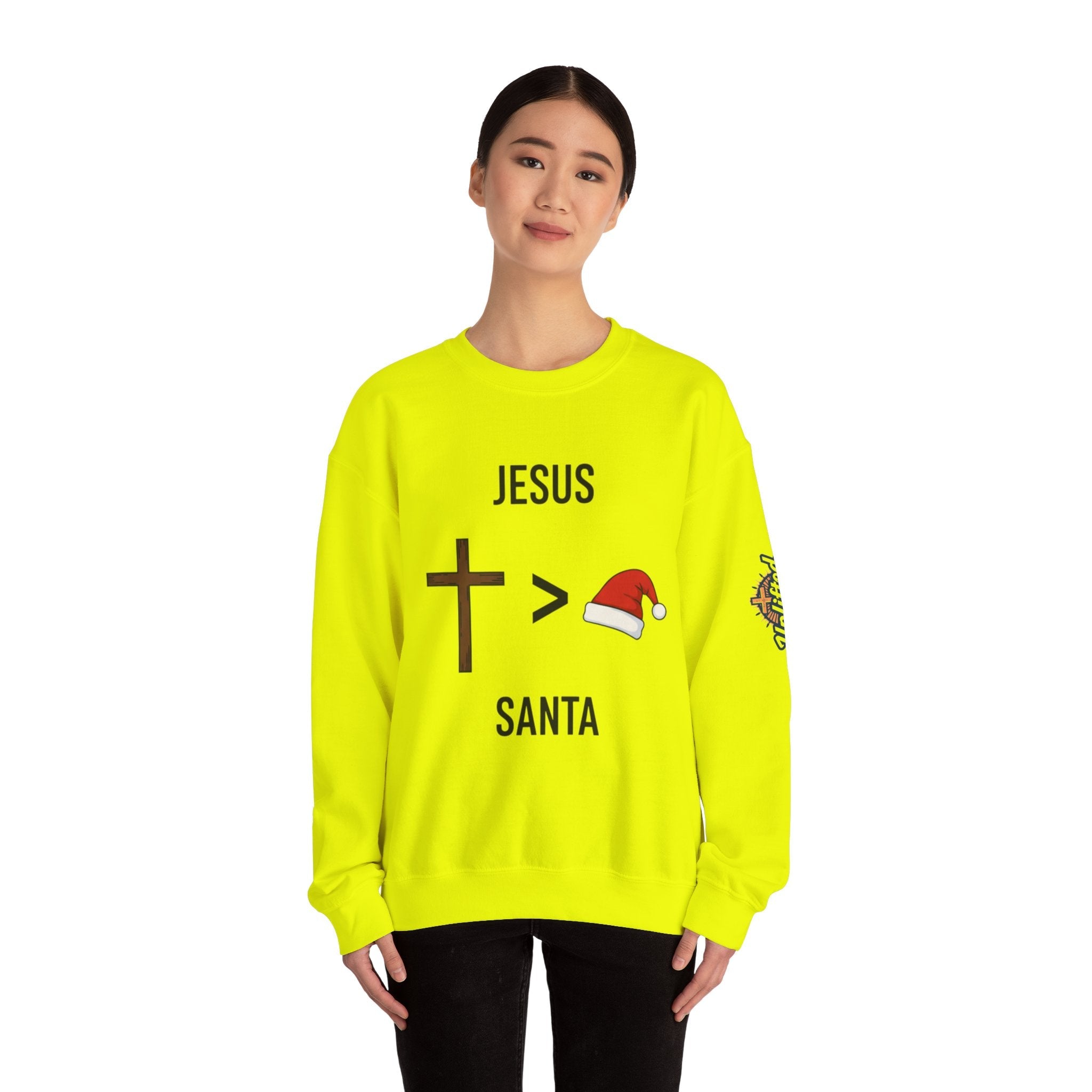 🎄 Jesus > Santa – Minimalist Christian Christmas Sweatshirt | Bold Faith Over Holiday Tee | Cross vs Santa Hat Design | Uplifted Gear Printify