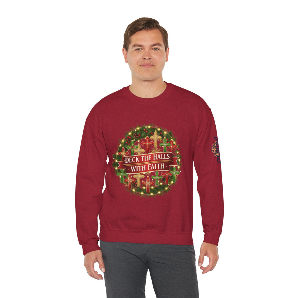🎄 Deck the Halls with Faith – Christian Christmas Sweatshirt | Cross Ornament Design & Festive Garland | Bold Holiday Faith Tee by Uplifted Gear Printify