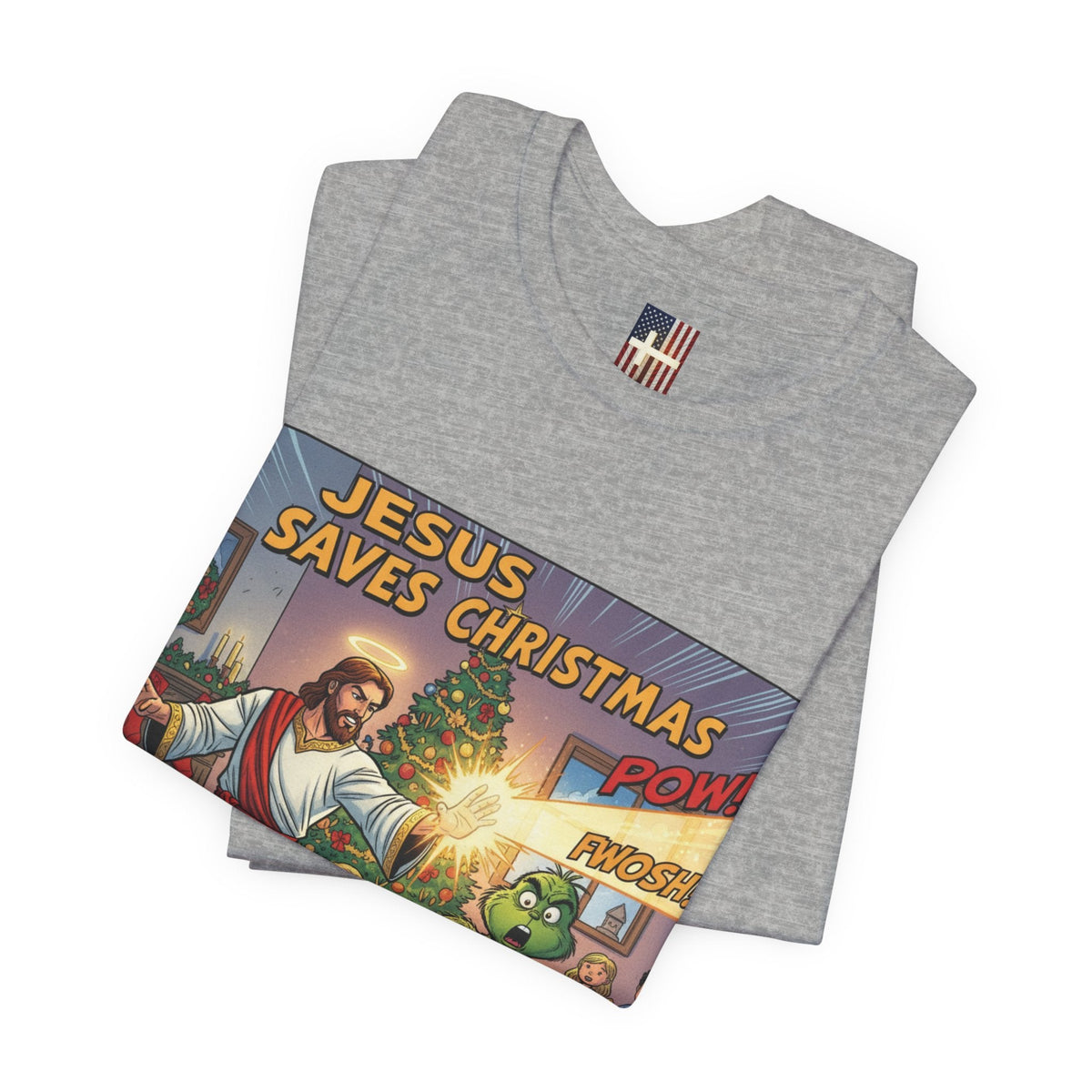 Jesus Saves Christmas T-shirt – Grinch vs Savior Light Battle Christian T-shirt for Hilarious Holiday Faith & True Joy Printify
