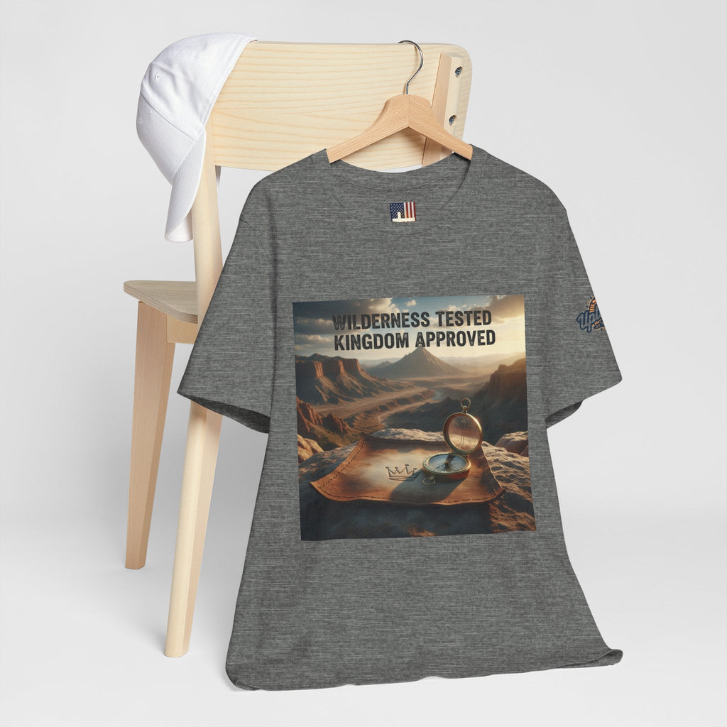 Wilderness Tested Kingdom Approved T-shirt – Mountain Desert Compass Crown Christian T-shirt for Biblical Adventure Faith Printify