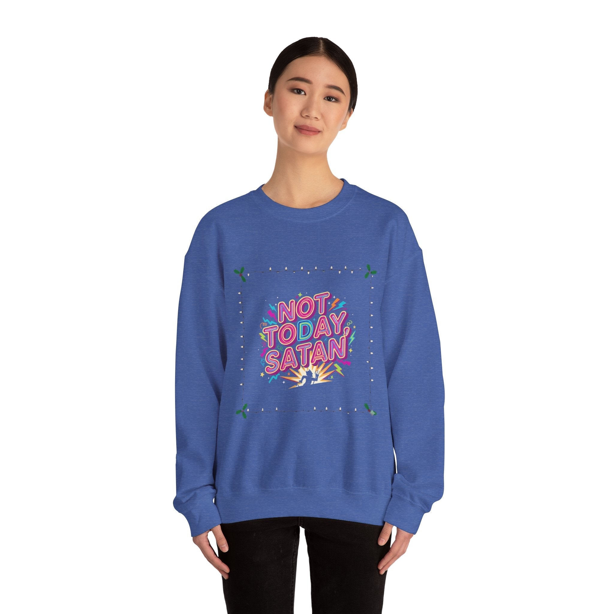 🔥 Not Today, Satan – Retro 90s Christian Sweatshirt | Neon Faith Tee | Funky Cartoon Devil | Bold Bible Verse Shirt | Uplifted Gear Printify