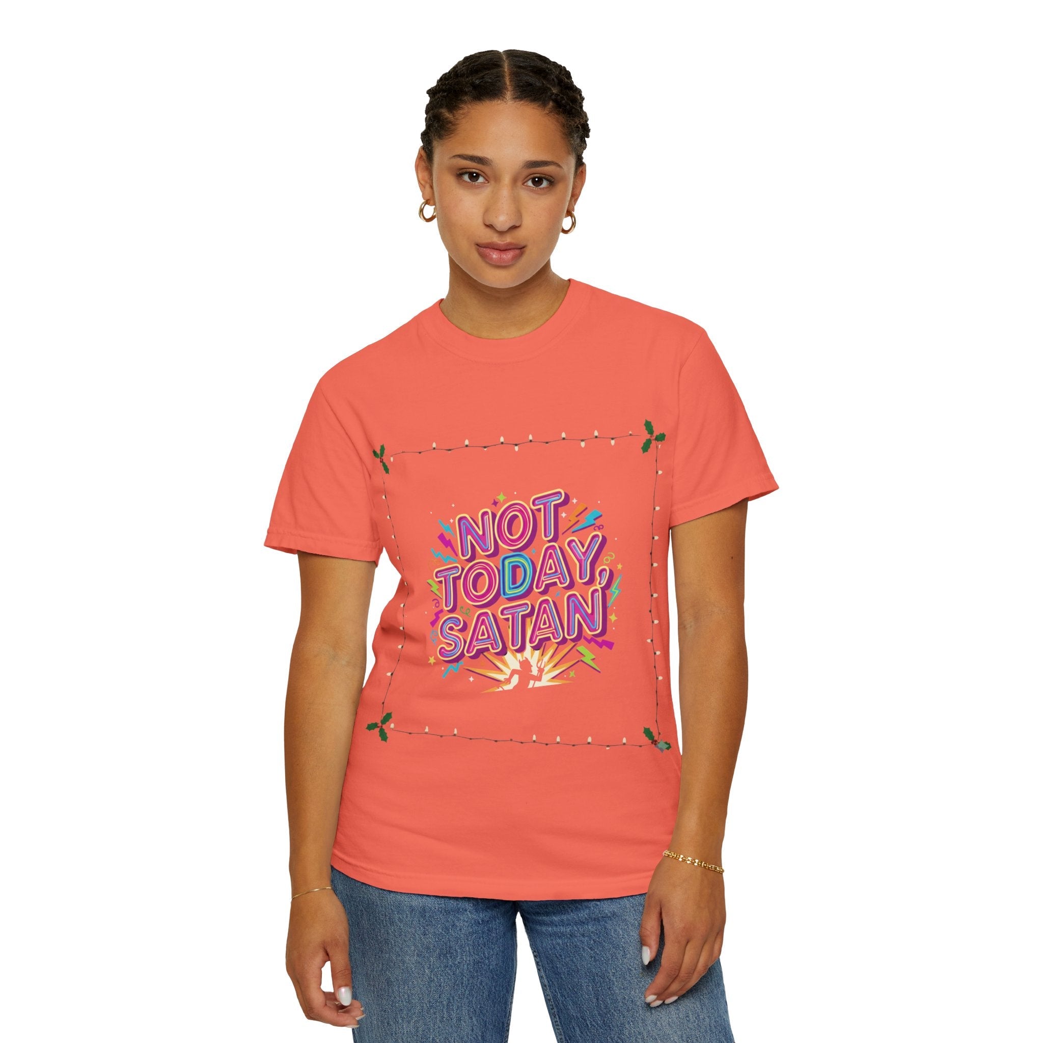 🔥 Not Today, Satan – Retro 90s Christian T-Shirt | Neon Faith Tee | Funky Cartoon Devil | Bold Bible Verse Shirt | Uplifted Gear Printify