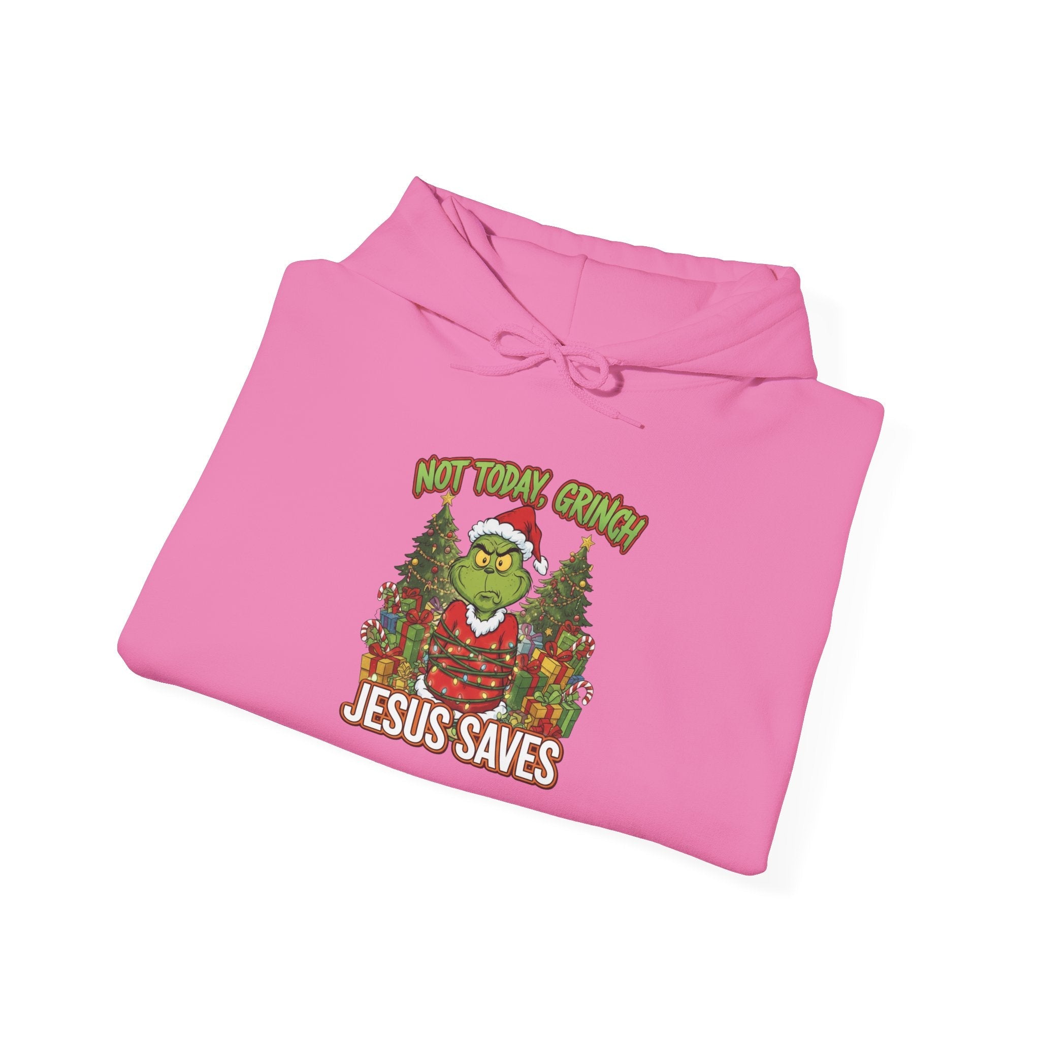 🎄 Not Today, Grinch – Jesus Saves | Funny Christian Christmas Hoodie | Sulking Grinch & Glowing Cross | Bold Neon Faith Tee by Uplifted Gear Printify