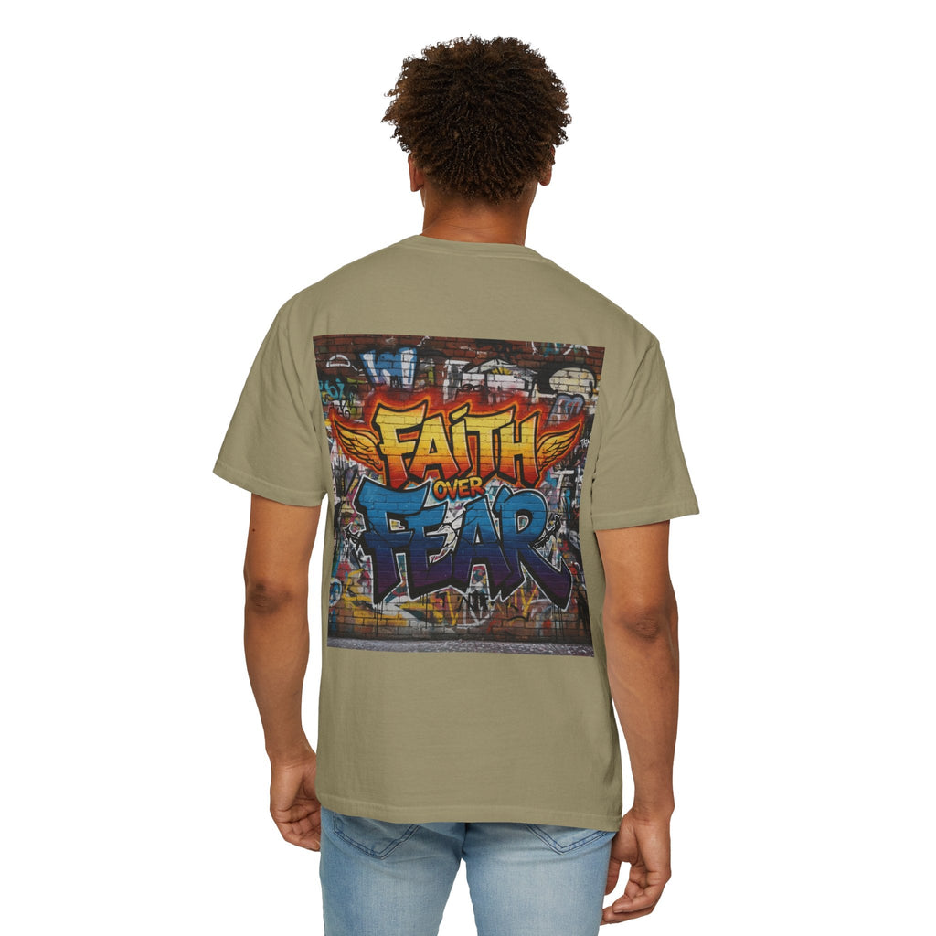Faith Over Fear T-shirt – Graffiti Wall Christian T-shirt for Bold 2 Corinthians 5:7 Streetwear & Unshakable Faith Printify