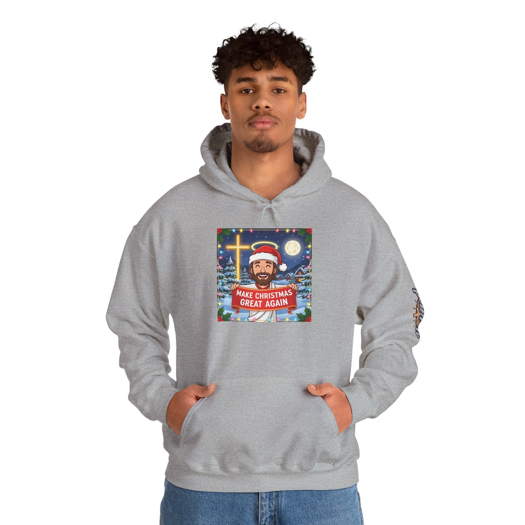 🎄 Make Christmas Great Again – Funny Christian Hoodie | Jesus Holding Banner | Faith-Based Holiday Parody Tee | Uplifted Gear Printify