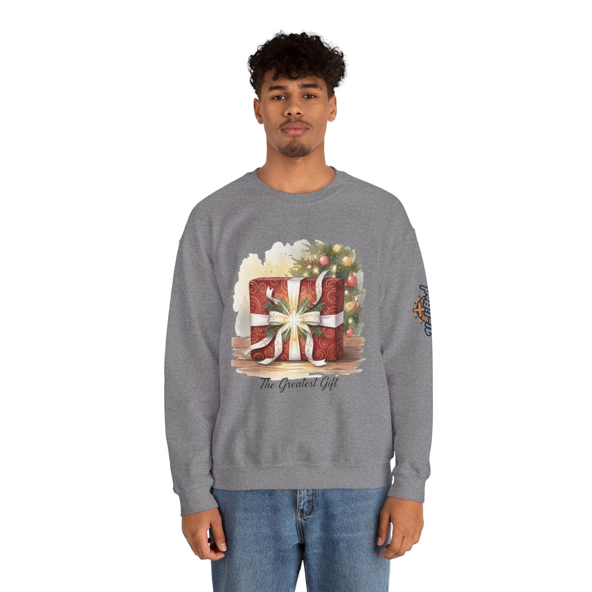 The Greatest Gift Sweatshirt – Cross Bow Present Christian Sweatshirt for Christmas Salvation & Eternal Faith Printify