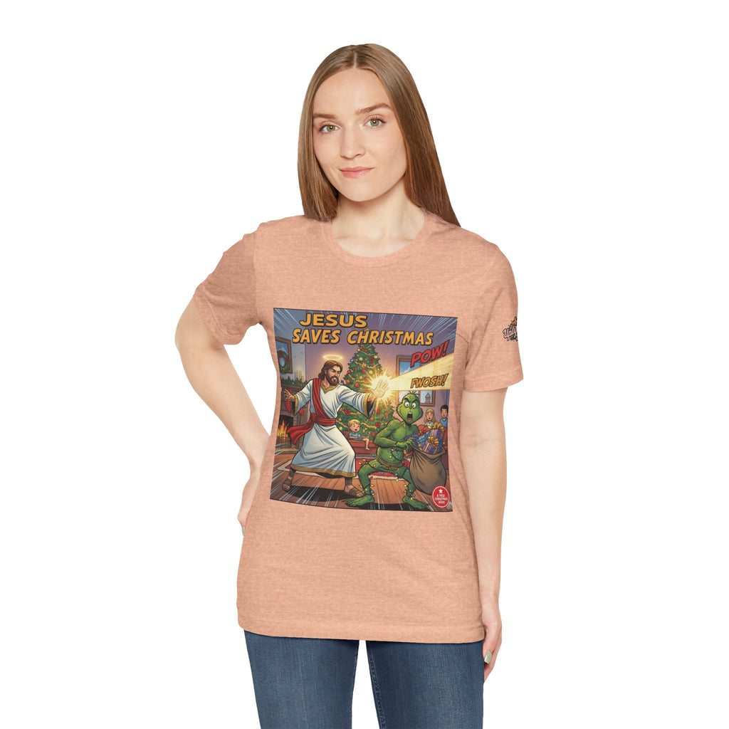 Jesus Saves Christmas T-shirt – Grinch vs Savior Light Battle Christian T-shirt for Hilarious Holiday Faith & True Joy Printify