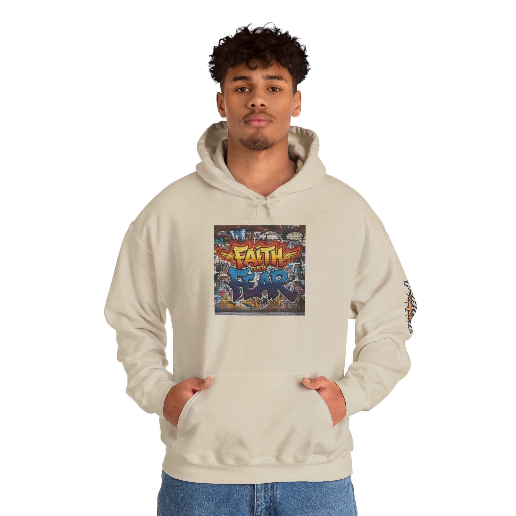 Faith Over Fear Hoodie – Graffiti Wall Christian Sweatshirt for Bold 2 Corinthians 5:7 Streetwear & Unshakable Faith Printify