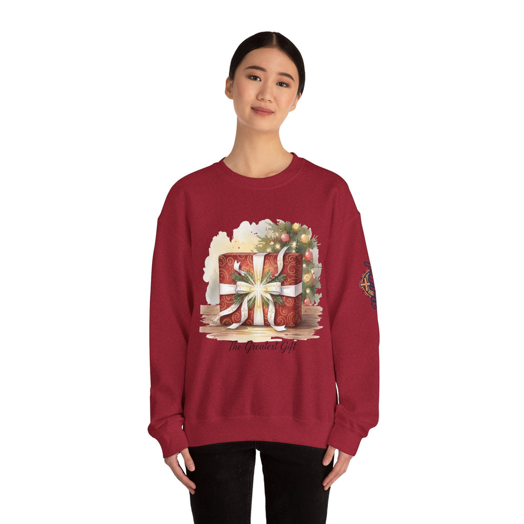 The Greatest Gift Sweatshirt – Cross Bow Present Christian Sweatshirt for Christmas Salvation & Eternal Faith Printify