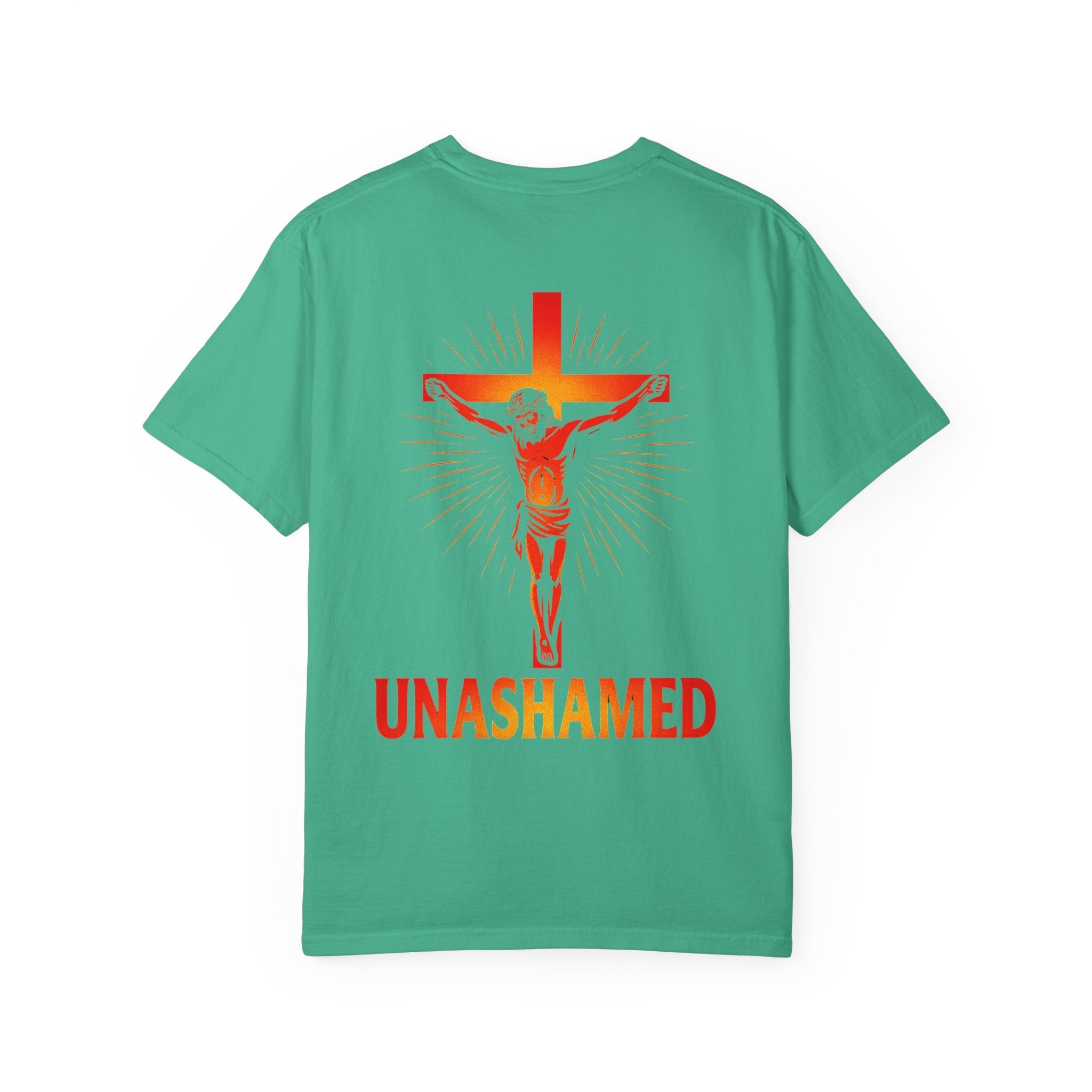 Unashamed T-shirt – Romans 1:16 Crucifixion Christian t-shirt for Bold Unwavering Faith Red Printify