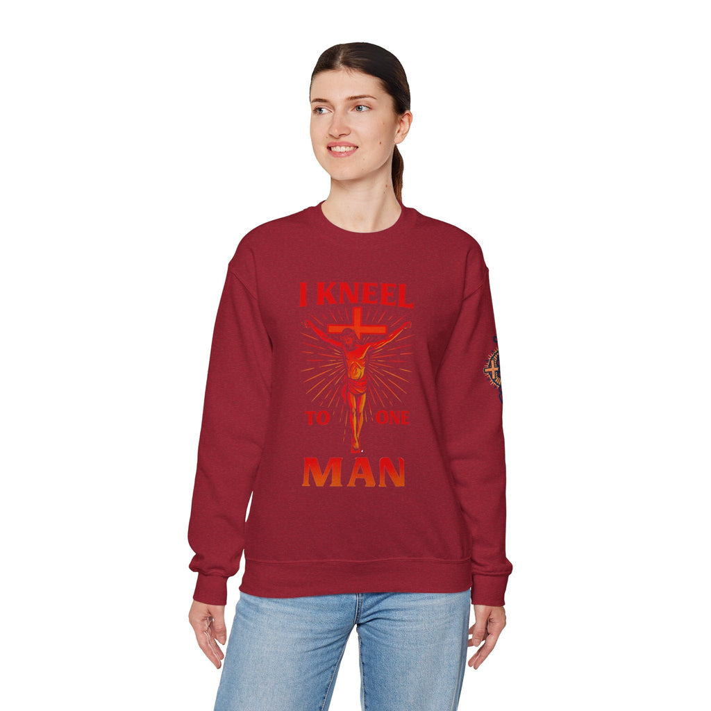 I Kneel to One Man Sweatshirt – Crucifixion Christian Sweatshirt for Unashamed Devotion & Bold Faith Printify