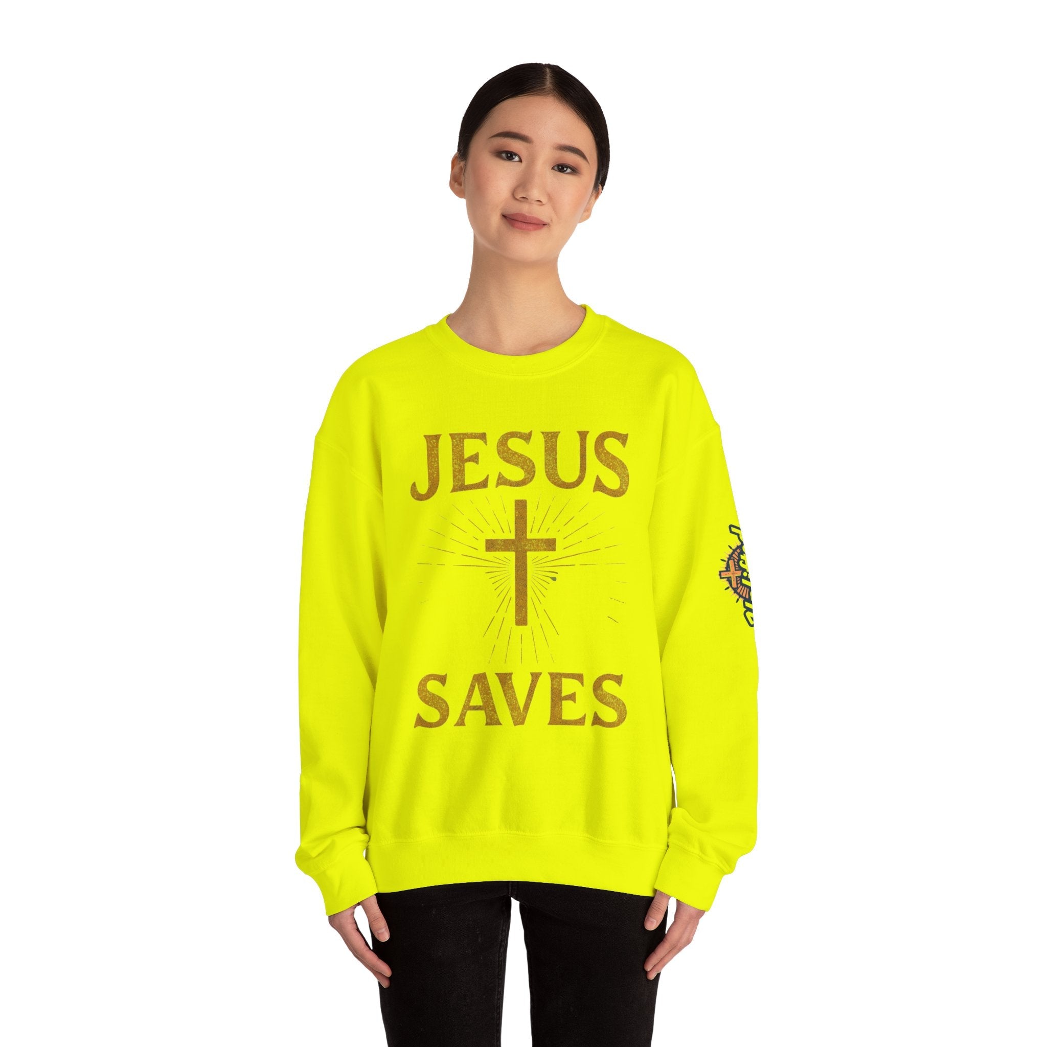 Jesus Saves Sweatshirt – Radiant Cross & Rays of Light Christian Sweatshirt for Eternal Hope & Faith Printify