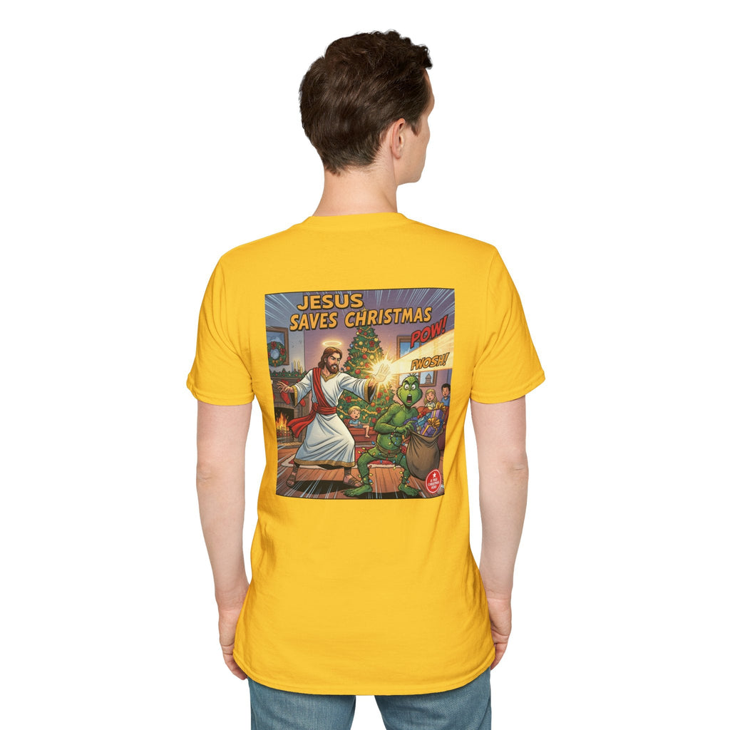 Jesus Saves Christmas T-shirt – Grinch vs Savior Light Battle Christian T-shirt for Hilarious Holiday Faith & True Joy Printify