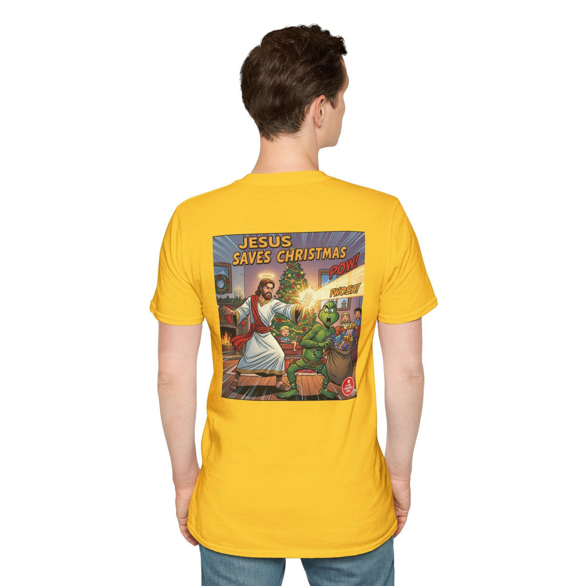Jesus Saves Christmas T-shirt – Grinch vs Savior Light Battle Christian T-shirt for Hilarious Holiday Faith & True Joy Printify