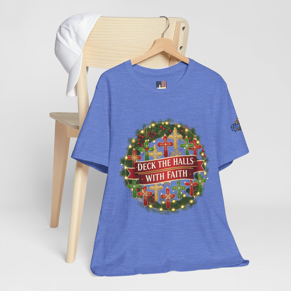 🎄 Deck the Halls with Faith – Christian Christmas T-Shirt | Cross Ornament Design & Festive Garland | Bold Holiday Faith Tee by Uplifted Gear Printify