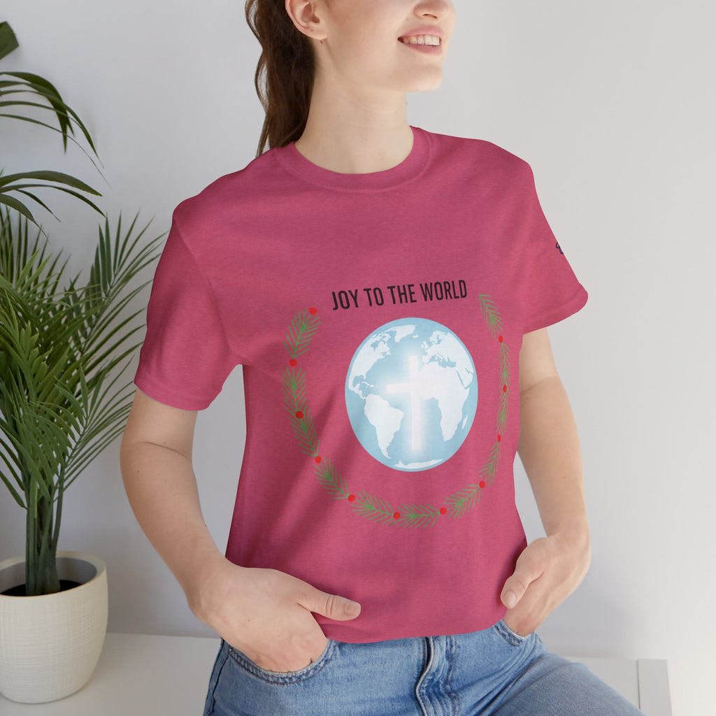 Joy to the World T-shirt – Wreath Earth Nativity Christian Christmas T-shirt for Isaiah 9:6 Holiday Faith & Festive Joy Printify