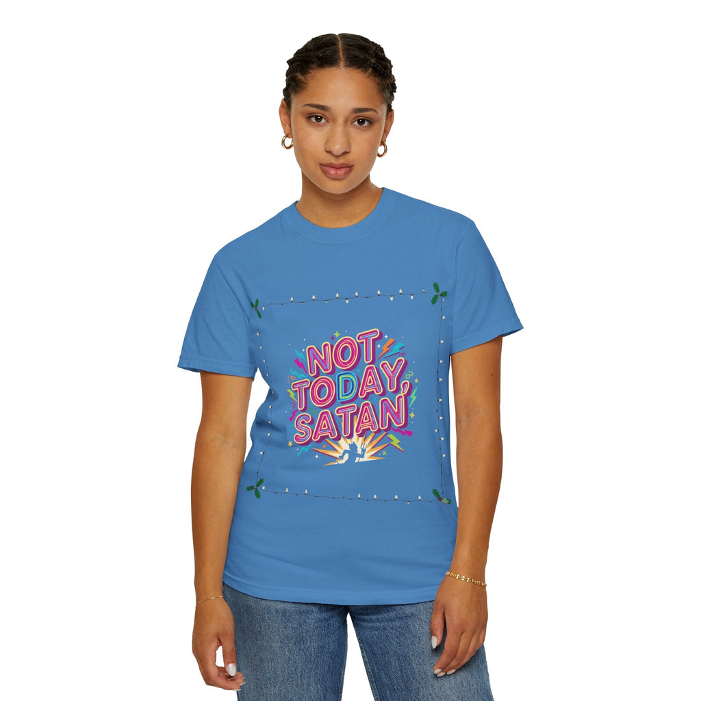 🔥 Not Today, Satan – Retro 90s Christian T-Shirt | Neon Faith Tee | Funky Cartoon Devil | Bold Bible Verse Shirt | Uplifted Gear Printify