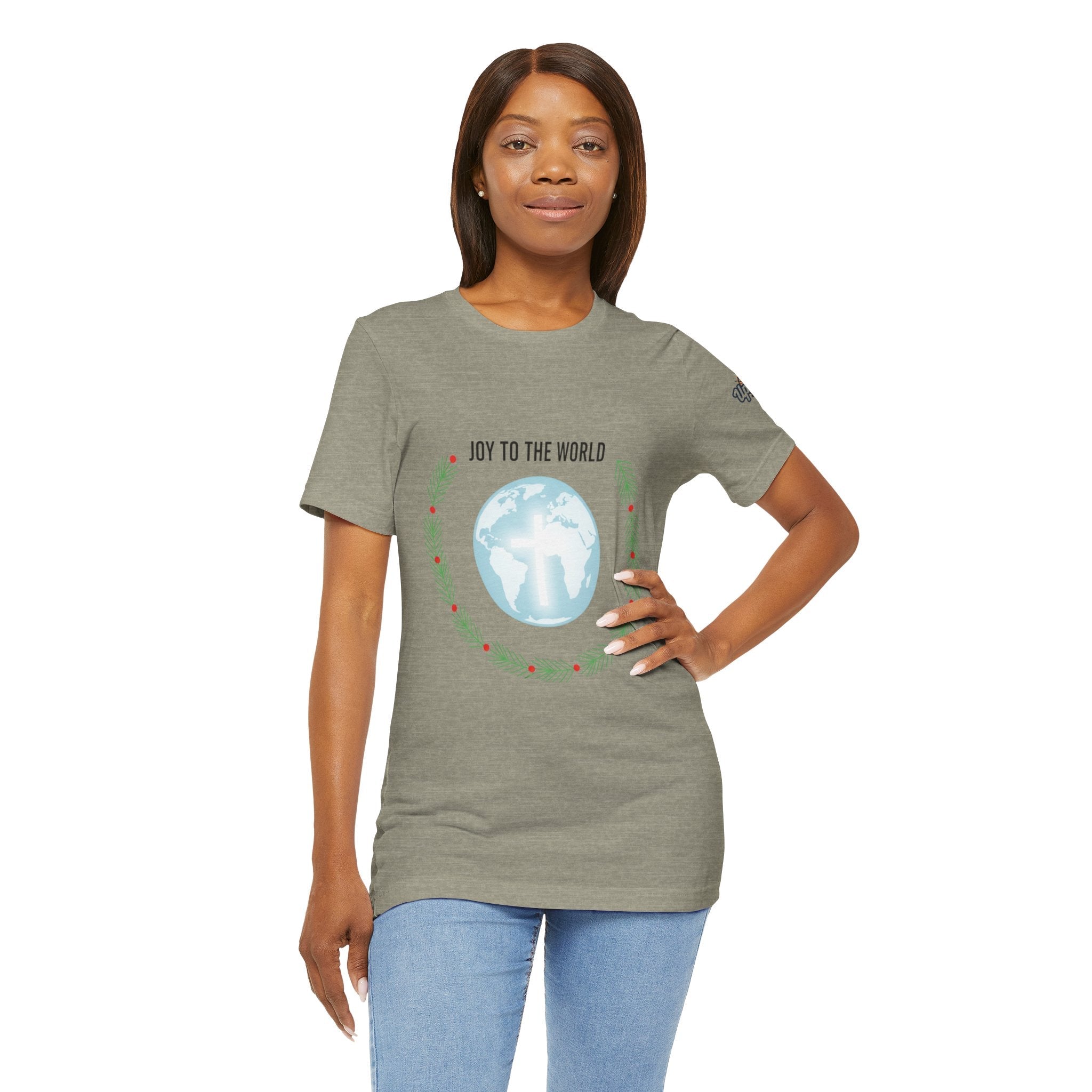 Joy to the World T-shirt – Wreath Earth Nativity Christian Christmas T-shirt for Isaiah 9:6 Holiday Faith & Festive Joy Printify
