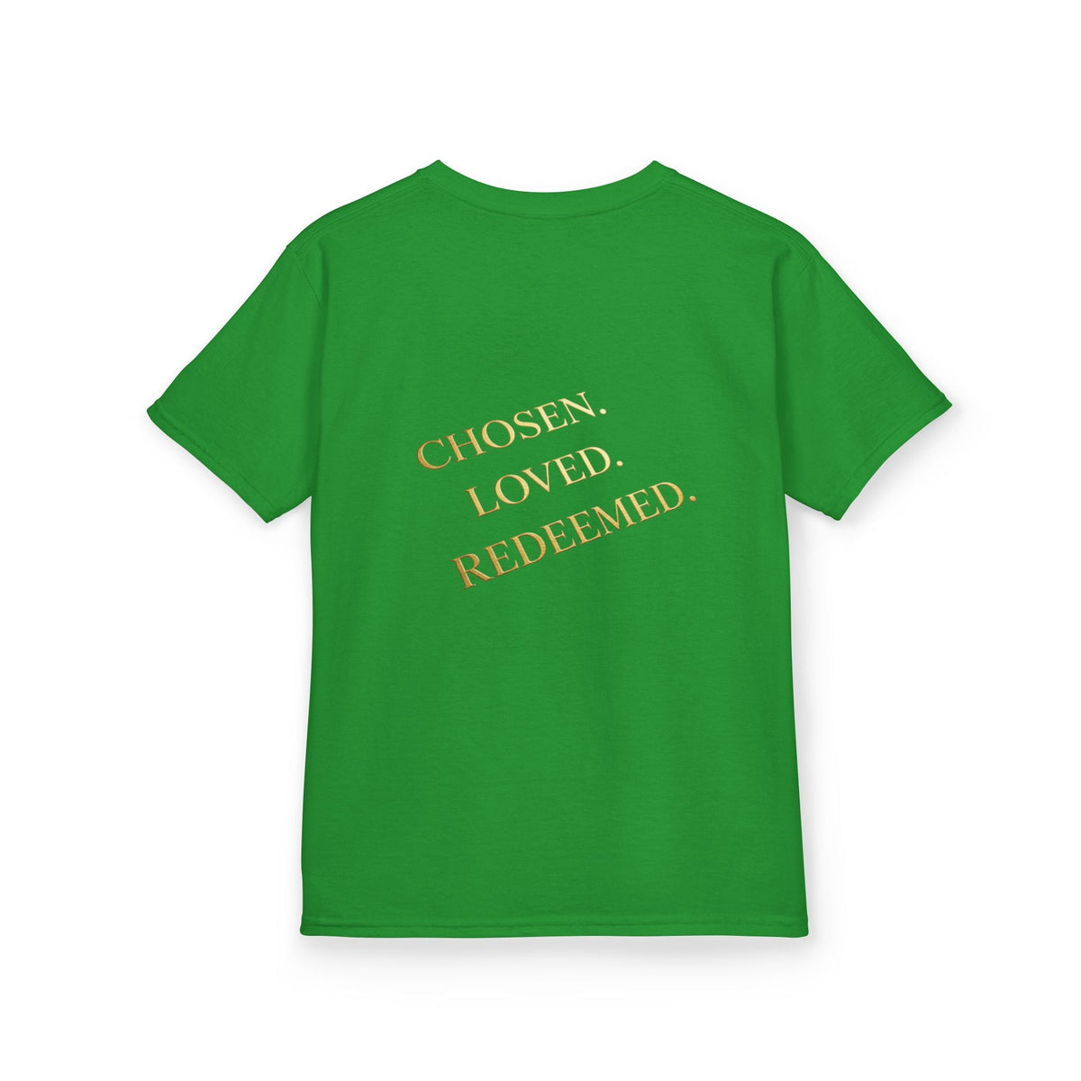 ✨ Chosen. Loved. Redeemed. – Elegant Christian Kids T-Shirt | Gold Foil Faith Tee | Subtle Cross & Heart Design | Inspirational Bible Verse Apparel by Uplifted Gear Printify