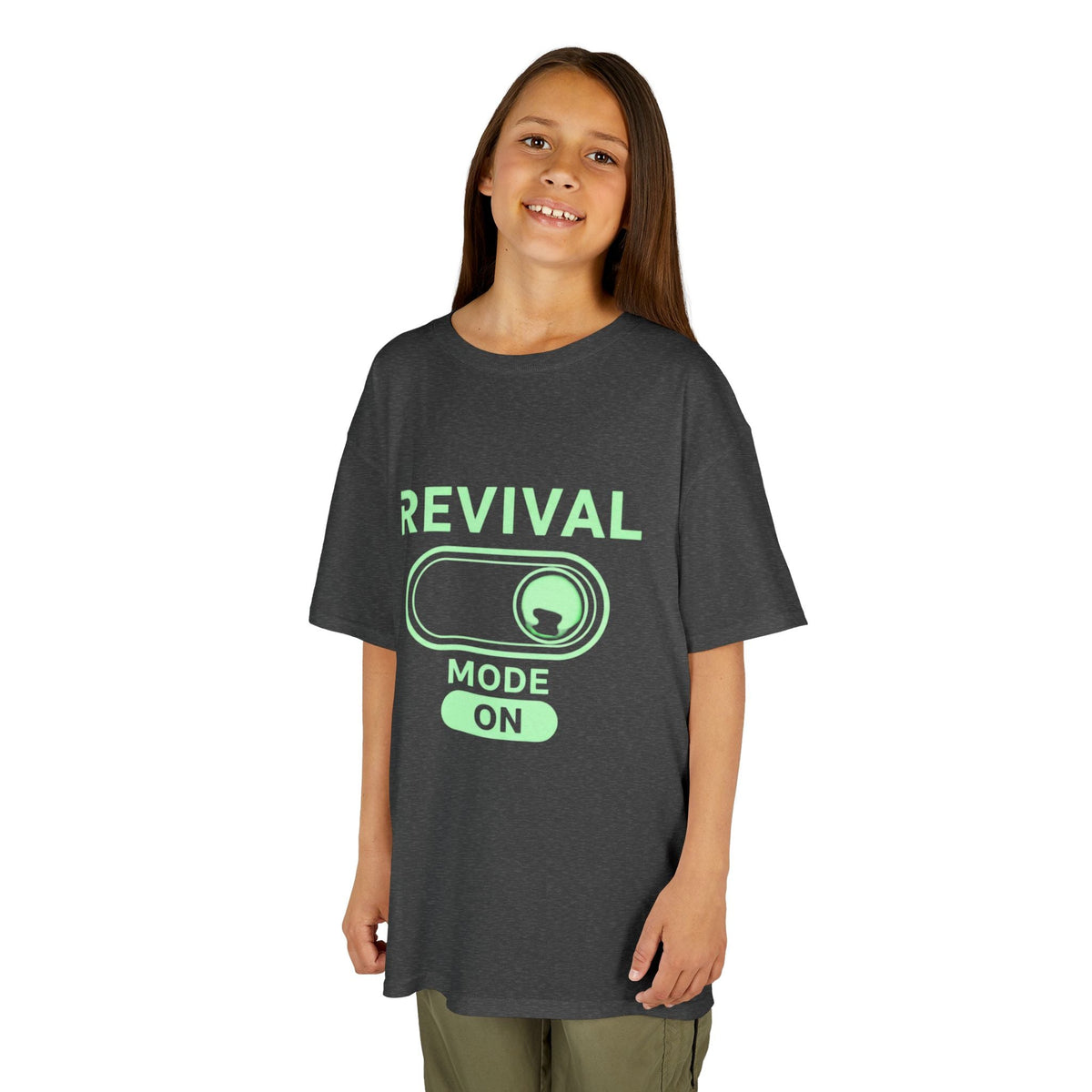 🔥 Revival Mode: ON – Christian Techwear Kids T-Shirt | Glowing Green Faith Switch | Futuristic Jesus Shirt | Activate Your Spiritual Awakening | Uplifted Gear Printify