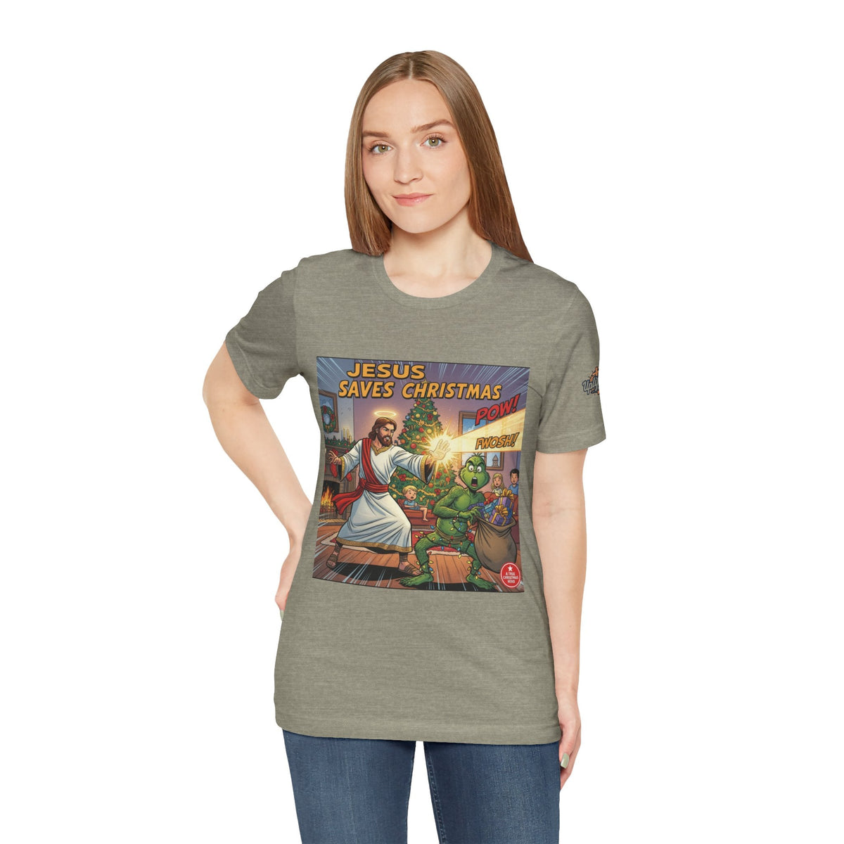 Jesus Saves Christmas T-shirt – Grinch vs Savior Light Battle Christian T-shirt for Hilarious Holiday Faith & True Joy Printify