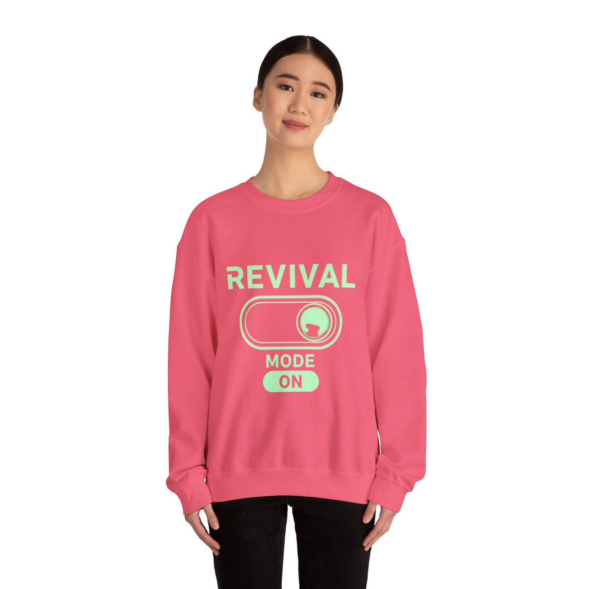 🔥 Revival Mode: ON – Christian Techwear Sweatshirt | Glowing Green Faith Switch | Futuristic Jesus Shirt | Activate Your Spiritual Awakening | Uplifted Gear Printify