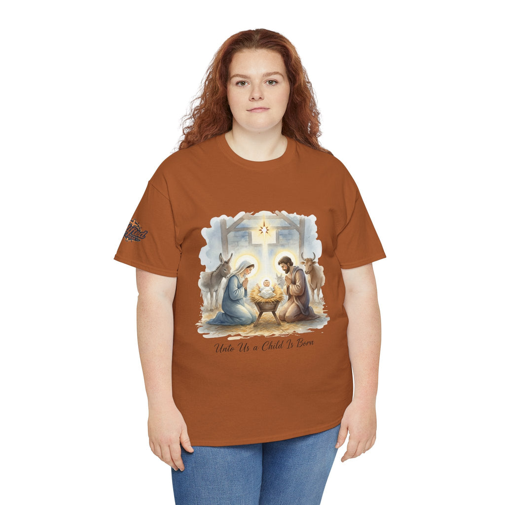 Unto Us a Child is Born T-shirt – Isaiah 9:6 Nativity Manger Scene Christian Christmas T-shirt for Holy Night Faith Printify