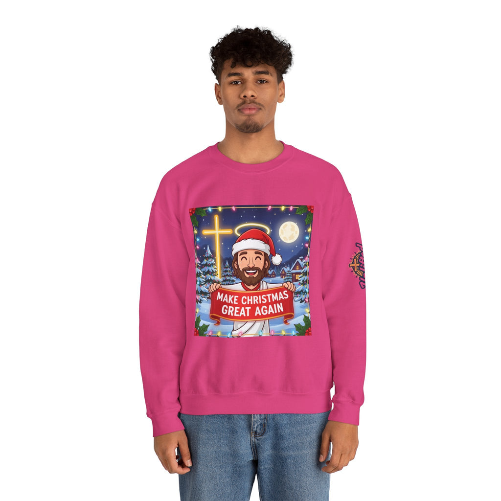 🎄 Make Christmas Great Again – Funny Christian Sweatshirt | Jesus Holding Banner | Faith-Based Holiday Parody Tee | Uplifted Gear Printify