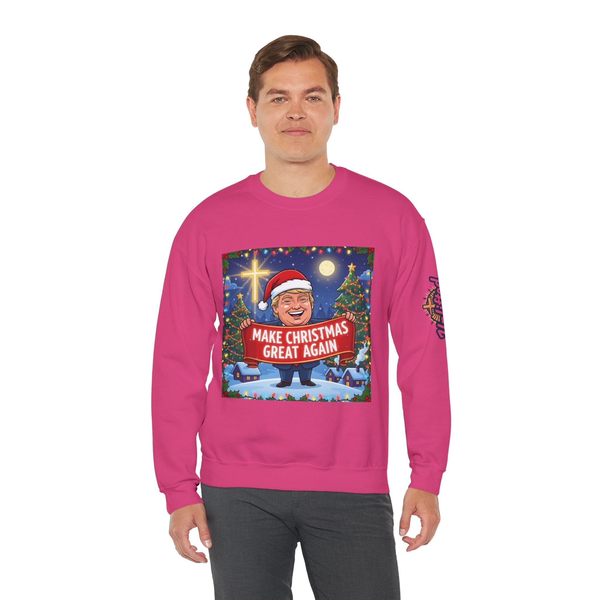 🎄 Make Christmas Great Again – Patriotic Christian Christmas Sweatshirt | Bold Holiday Faith Tee | Red & White Banner Design | Uplifted Gear Printify