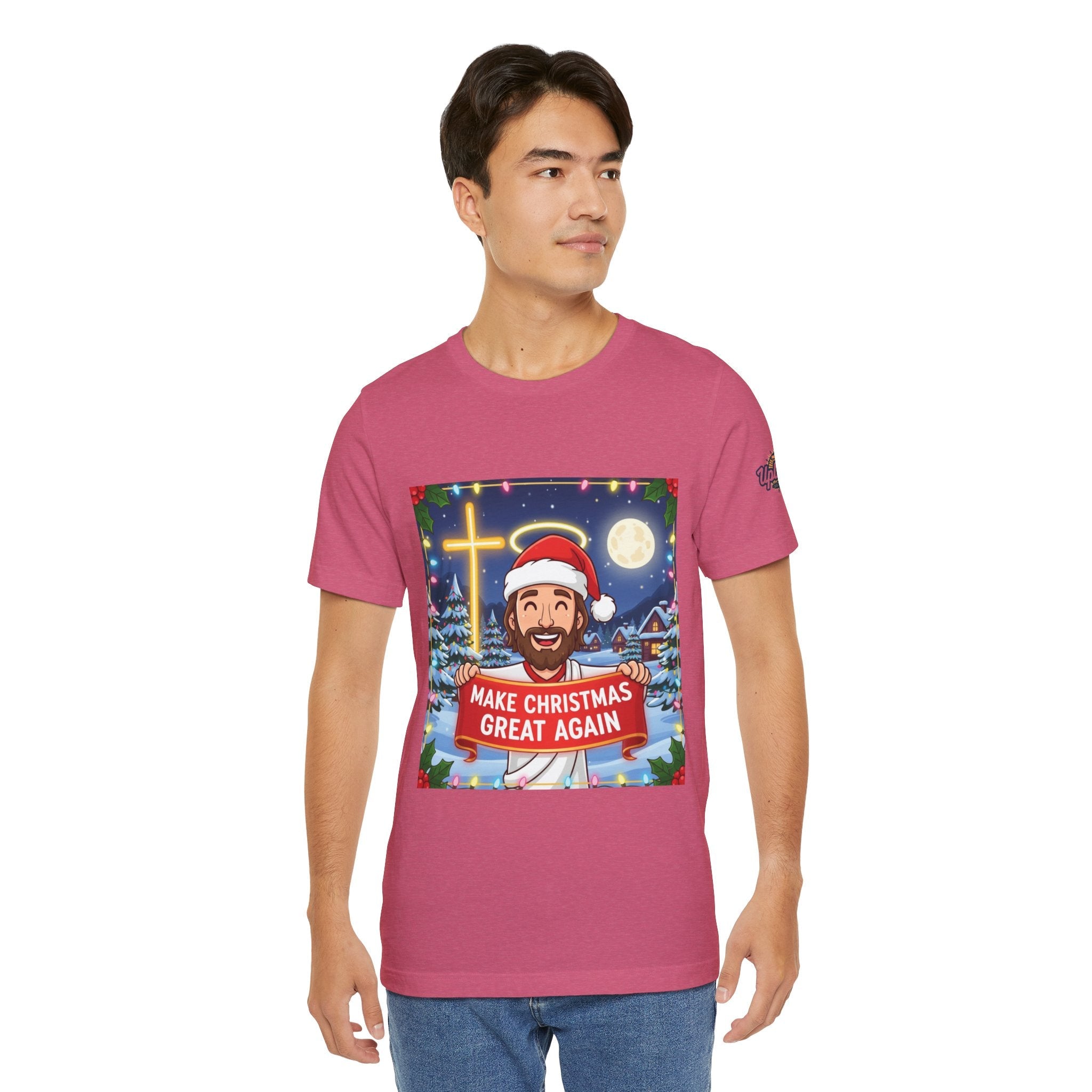 🎄 Make Christmas Great Again – Funny Christian T-Shirt | Jesus Holding Banner | Faith-Based Holiday Parody Tee | Uplifted Gear Printify