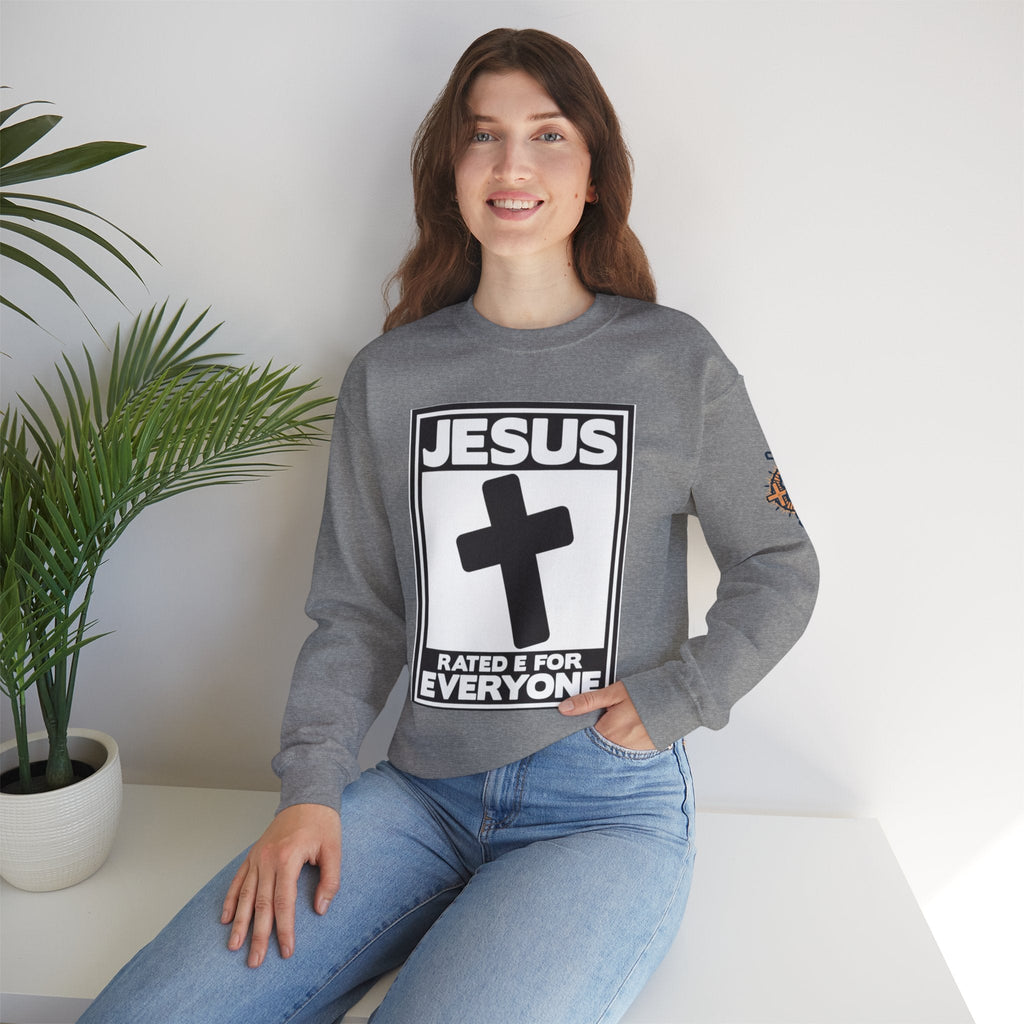 Jesus, Rated E for Everyone Sweatshirt - Gamer Faith Sweatshirt - Christian Video Game Parody Printify