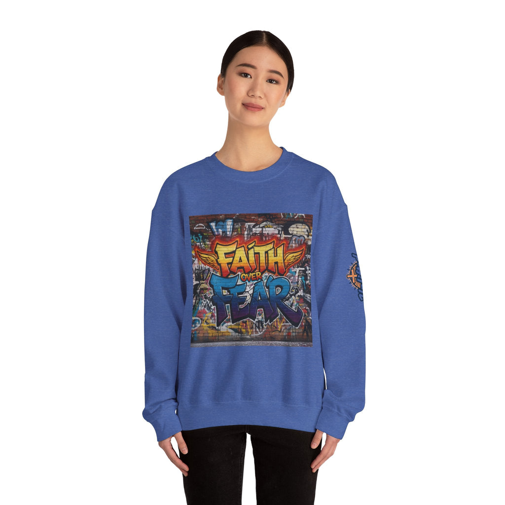 Faith Over Fear Sweatshirt – Graffiti Wall Christian Sweatshirt for Bold 2 Corinthians 5:7 Streetwear & Unshakable Faith Printify