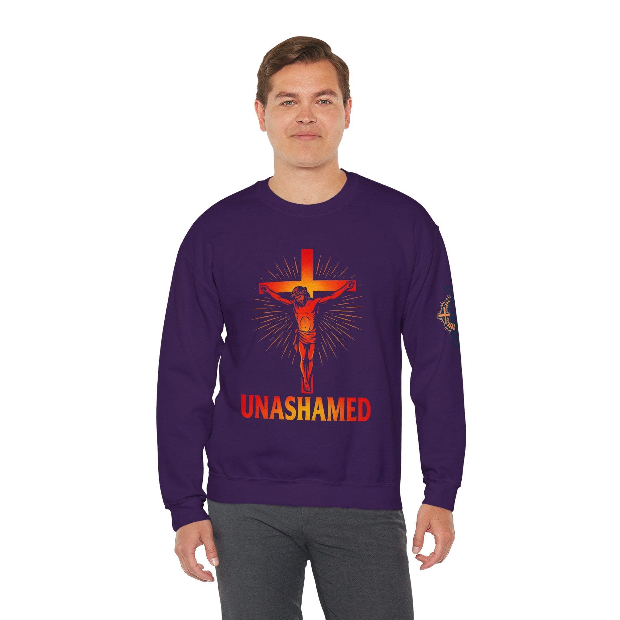 Unashamed Sweatshirt – Romans 1:16 Crucifixion Christian Sweatshirt for Bold Unwavering Faith Printify