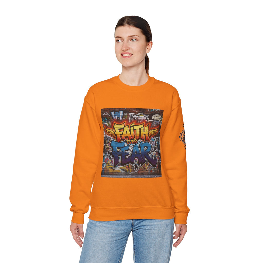 Faith Over Fear Sweatshirt – Graffiti Wall Christian Sweatshirt for Bold 2 Corinthians 5:7 Streetwear & Unshakable Faith Printify