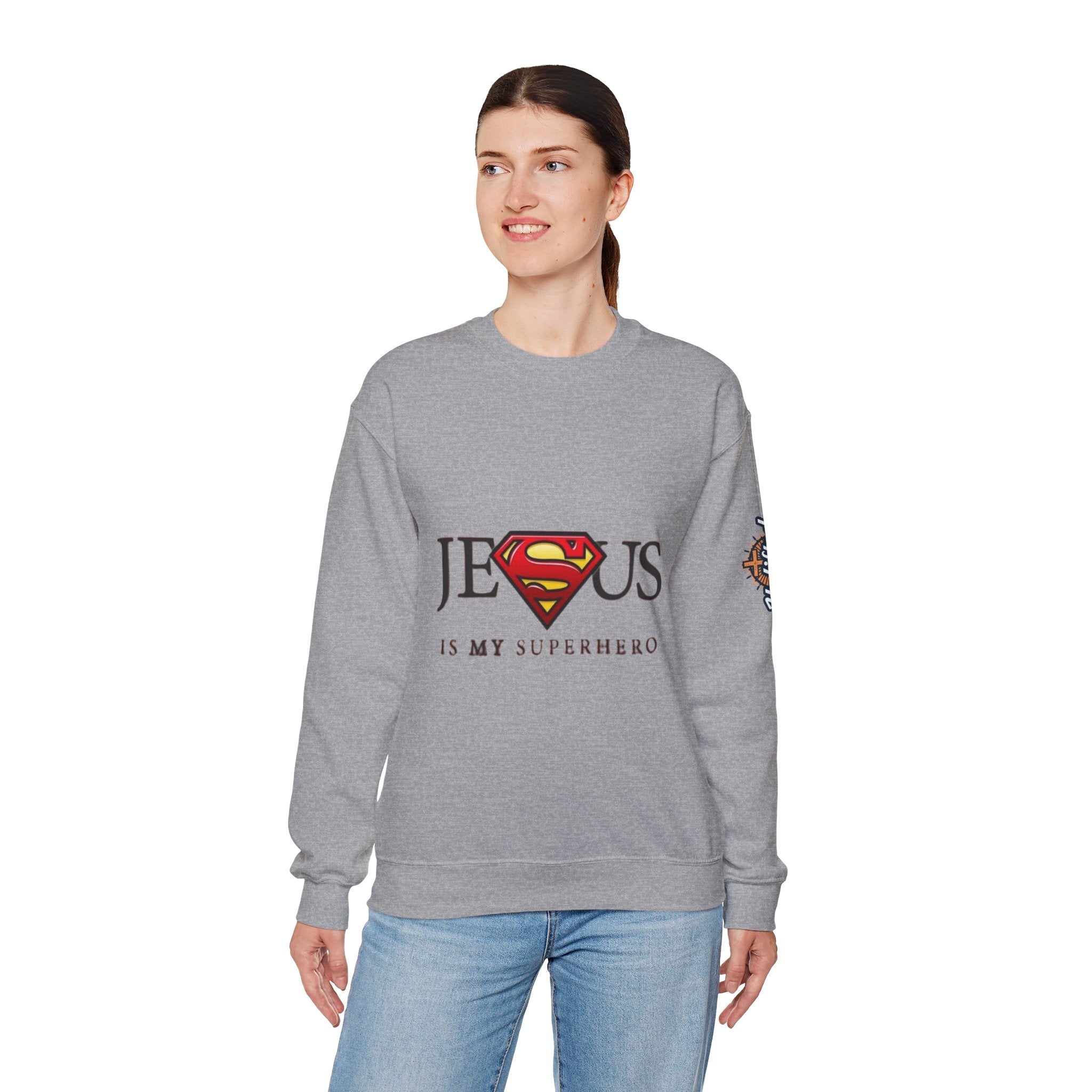 Jesus Is My Superhero Crewneck Sweatshirt Printify