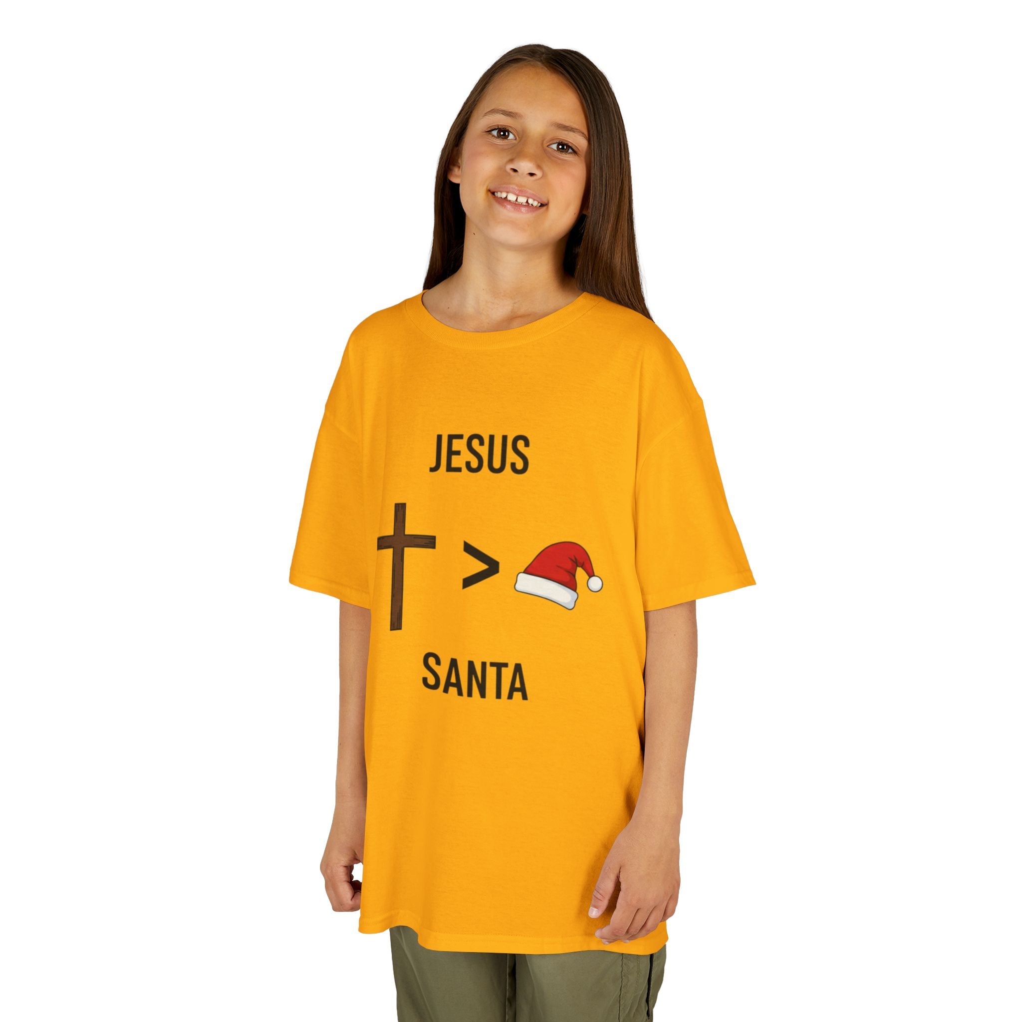 🎄 Jesus > Santa – Minimalist Christian Christmas Kids T-Shirt | Bold Faith Over Holiday Tee | Cross vs Santa Hat Design | Uplifted Gear Printify