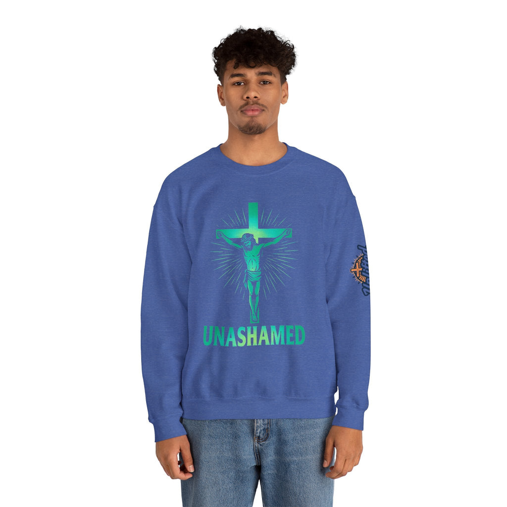 Unashamed Sweatshirt – Romans 1:16 Crucifixion Christian Sweatshirt for Bold Unwavering Faith Printify