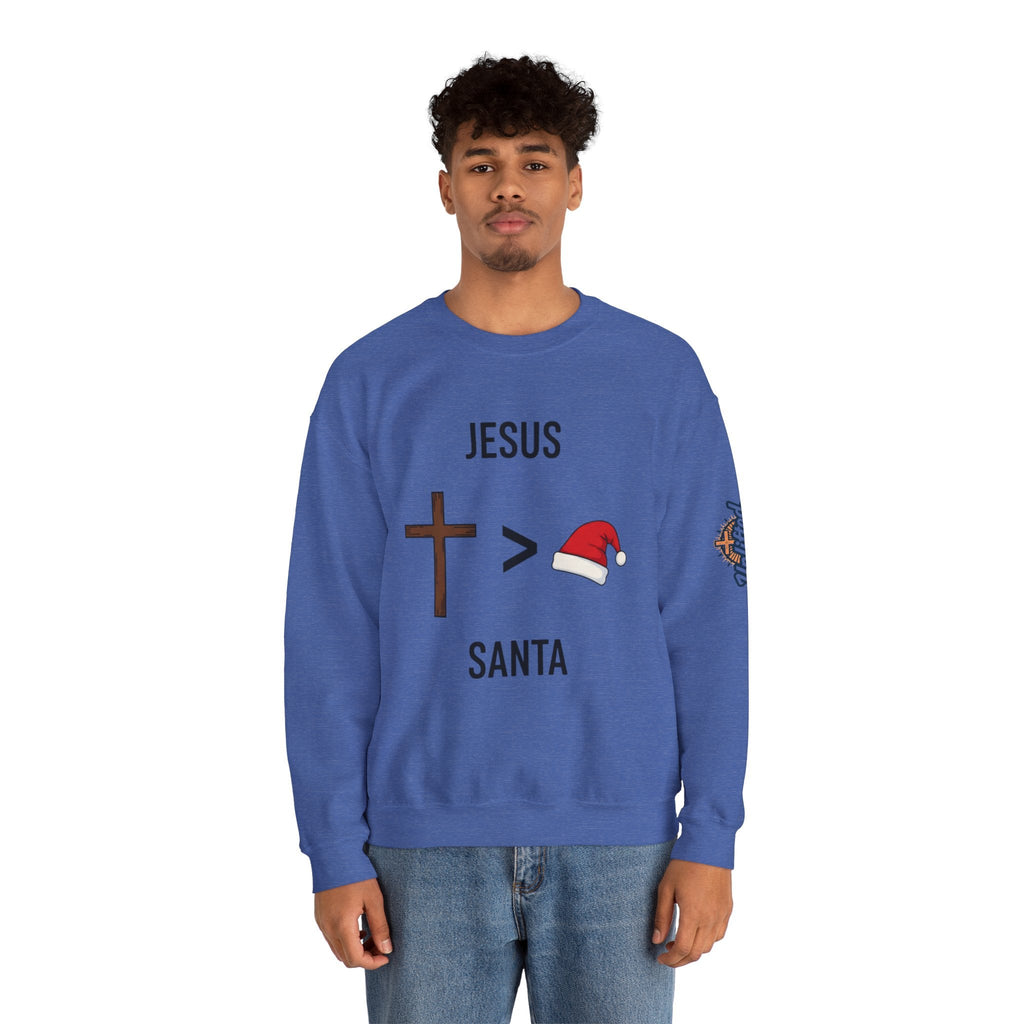 🎄 Jesus > Santa – Minimalist Christian Christmas Sweatshirt | Bold Faith Over Holiday Tee | Cross vs Santa Hat Design | Uplifted Gear Printify