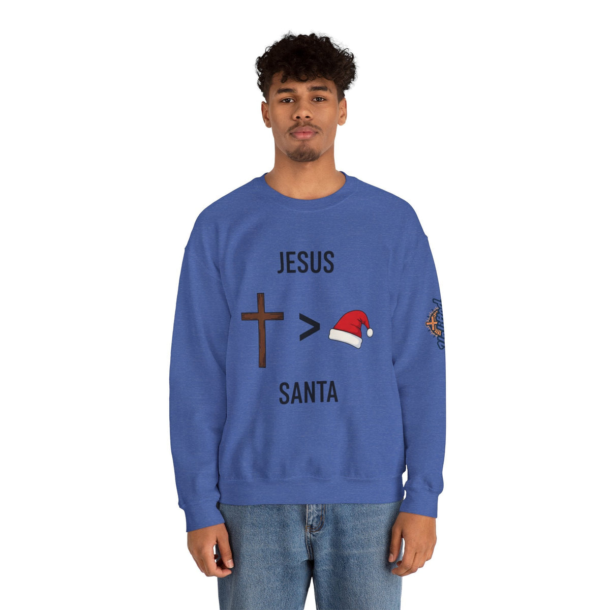 🎄 Jesus > Santa – Minimalist Christian Christmas Sweatshirt | Bold Faith Over Holiday Tee | Cross vs Santa Hat Design | Uplifted Gear Printify