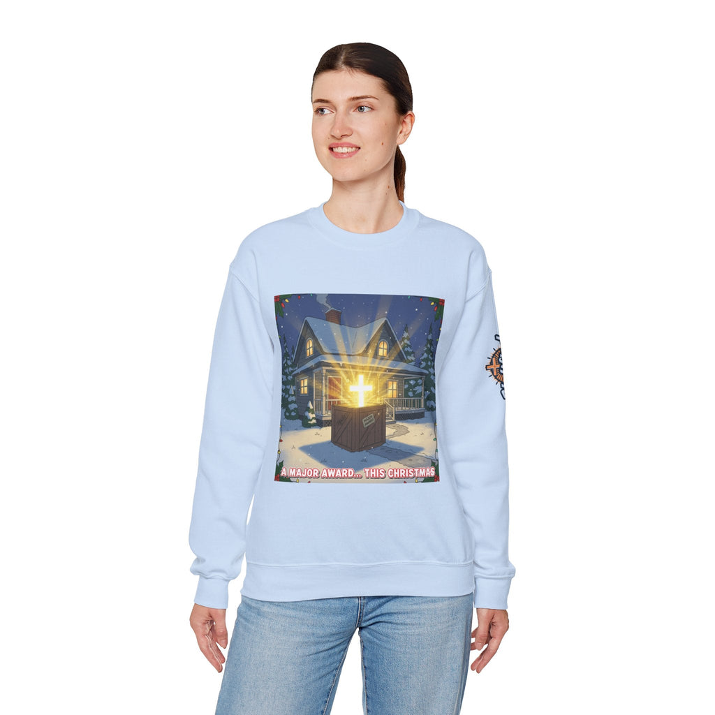 A Major Award This Christmas Sweatshirt – Fragile Leg Lamp Parody Cross Unboxing Christian Sweatshirt for Hilarious Faith & Holiday Glow Printify