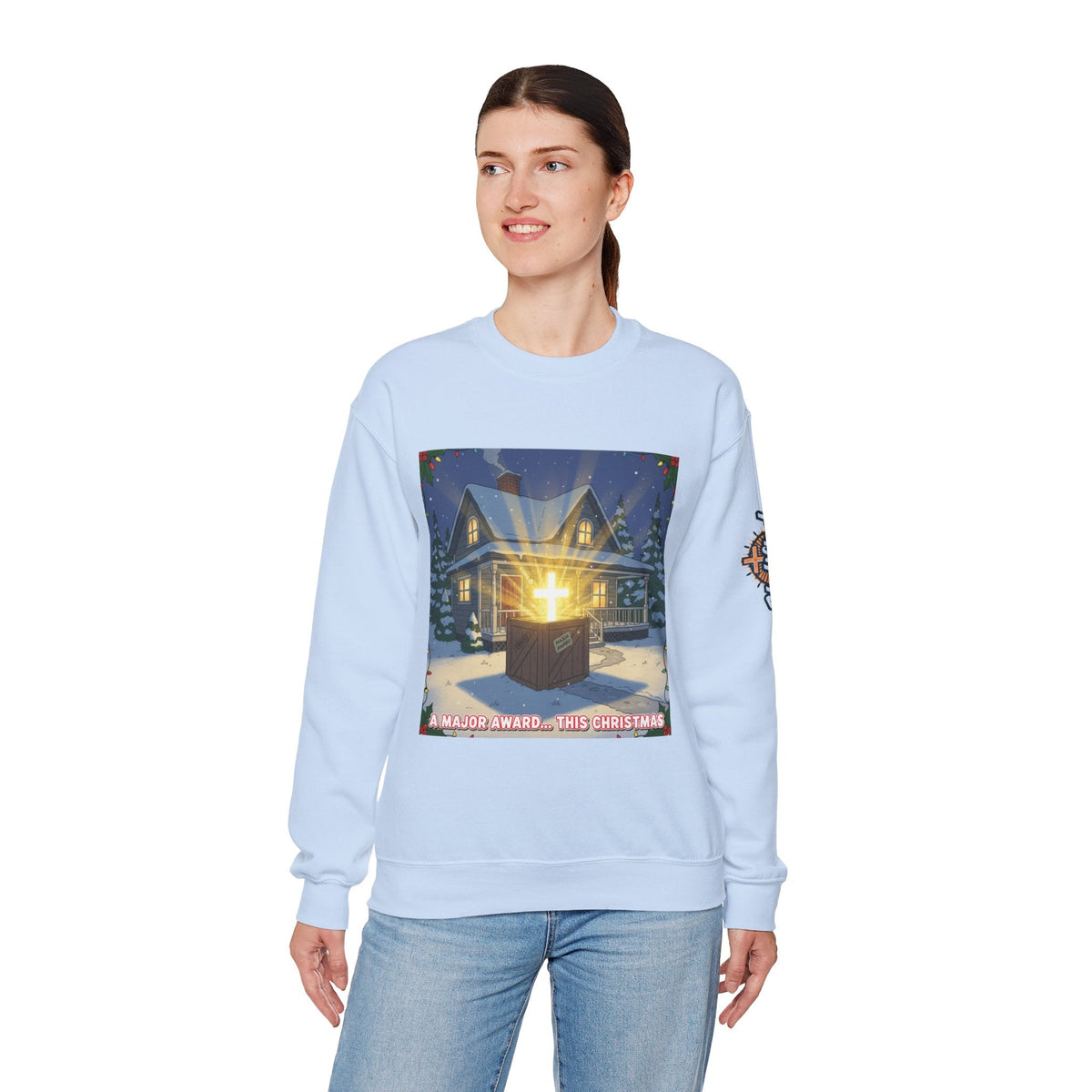 A Major Award This Christmas Sweatshirt – Fragile Leg Lamp Parody Cross Unboxing Christian Sweatshirt for Hilarious Faith & Holiday Glow Printify