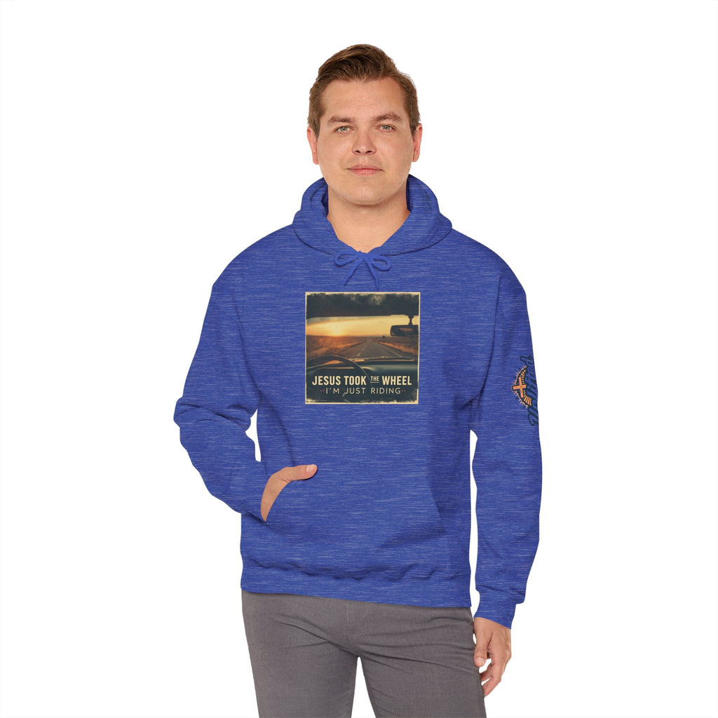Jesus Took the Wheel I'm Just Riding Hoodie – Funny Christian Convertible Car Sweatshirt for Surrendered Faith & Humor Printify